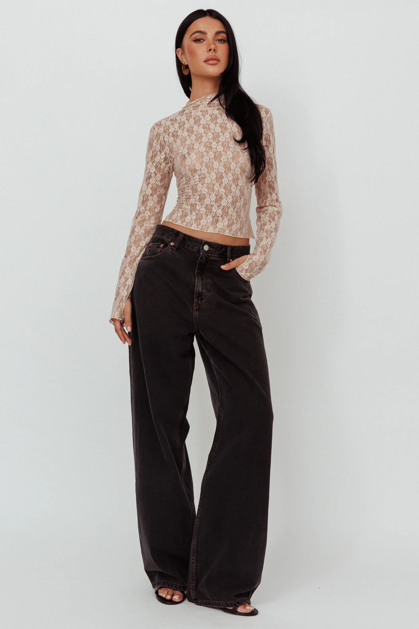 A La Mode Long Sleeve Lace Top Taupe - Image 5