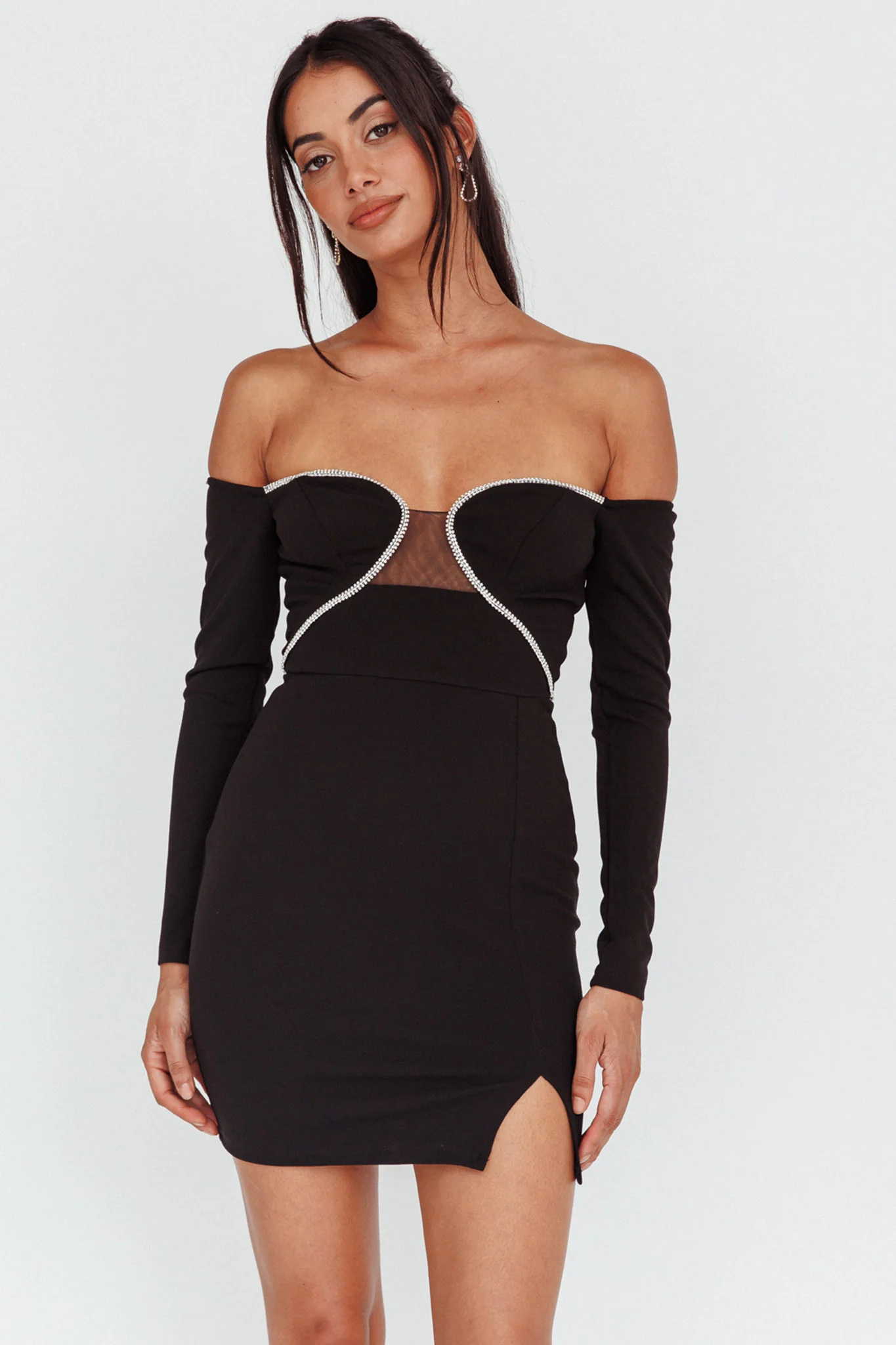 A-List Diamante Trim Long Sleeve Mini Dress Black - Image 5
