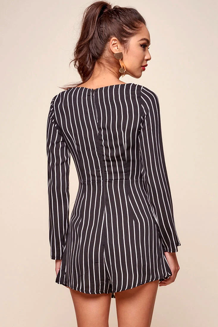 Abbey Waist Tie Pinstripe Romper Black & White - Image 5