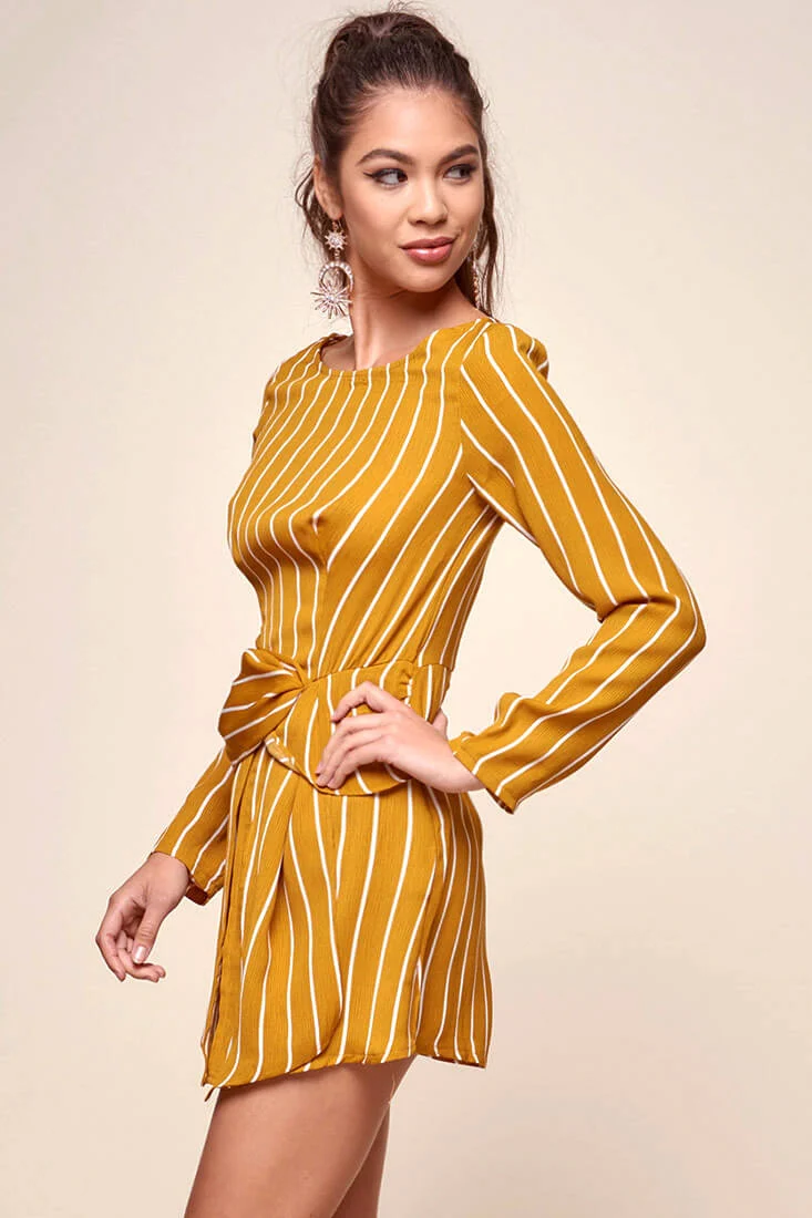 Abbey Waist Tie Pinstripe Romper Mustard & White - Image 5