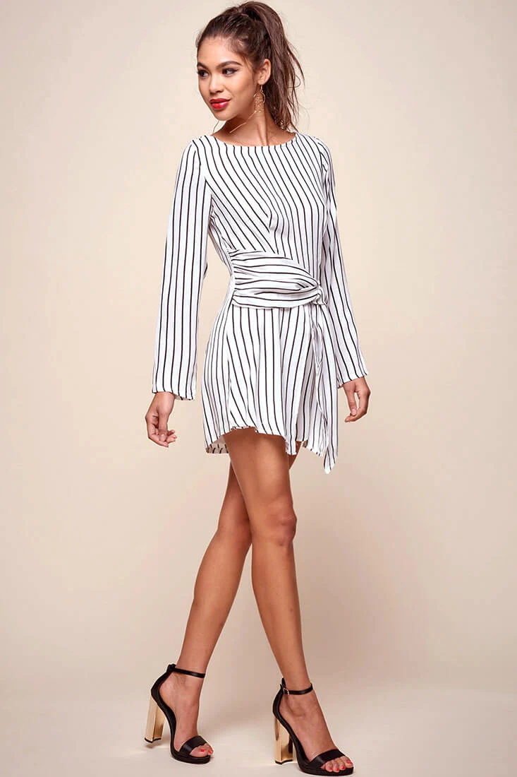 Abbey Waist Tie Pinstripe Romper White & Black - Image 2