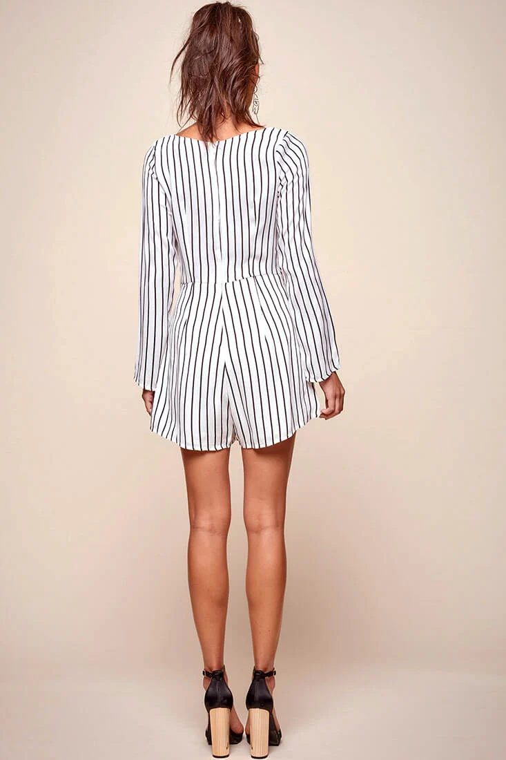 Abbey Waist Tie Pinstripe Romper White & Black - Image 5