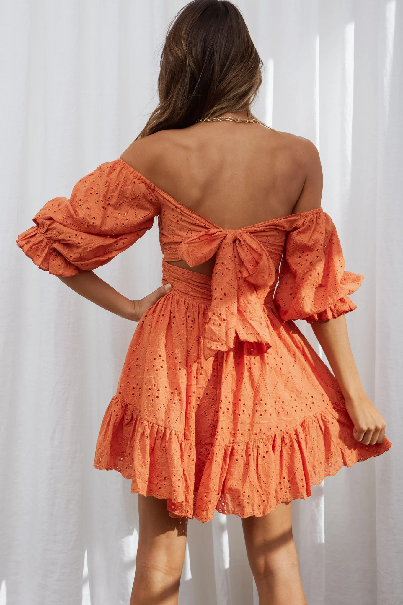 Abby Off-Shoulder Tie-Up Back Dress Eyelet Embroidery Dress Orange - Image 6