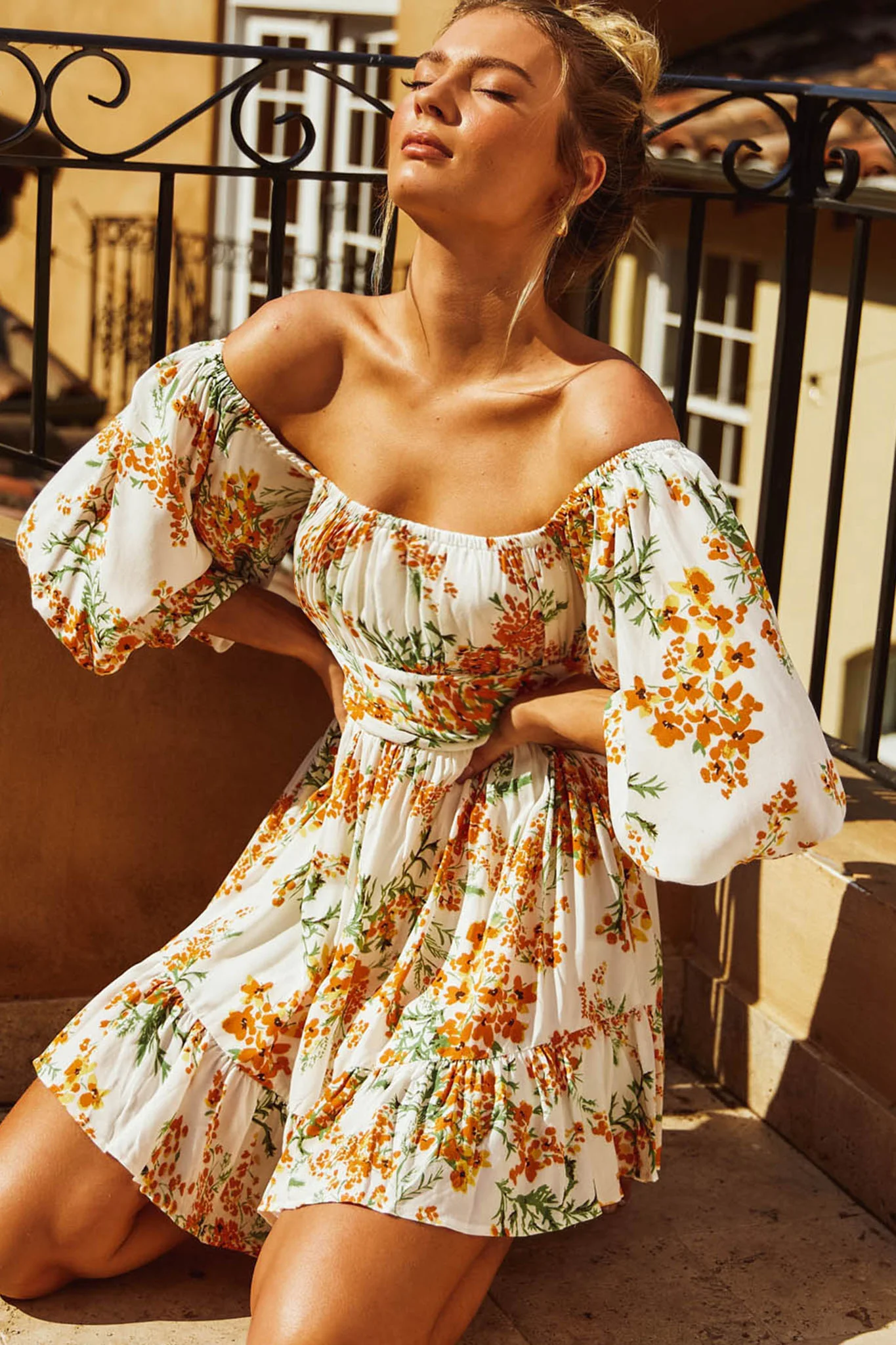 Abby Off-Shoulder Tie-Up Back Dress Floral Print Orange Multi - Image 8