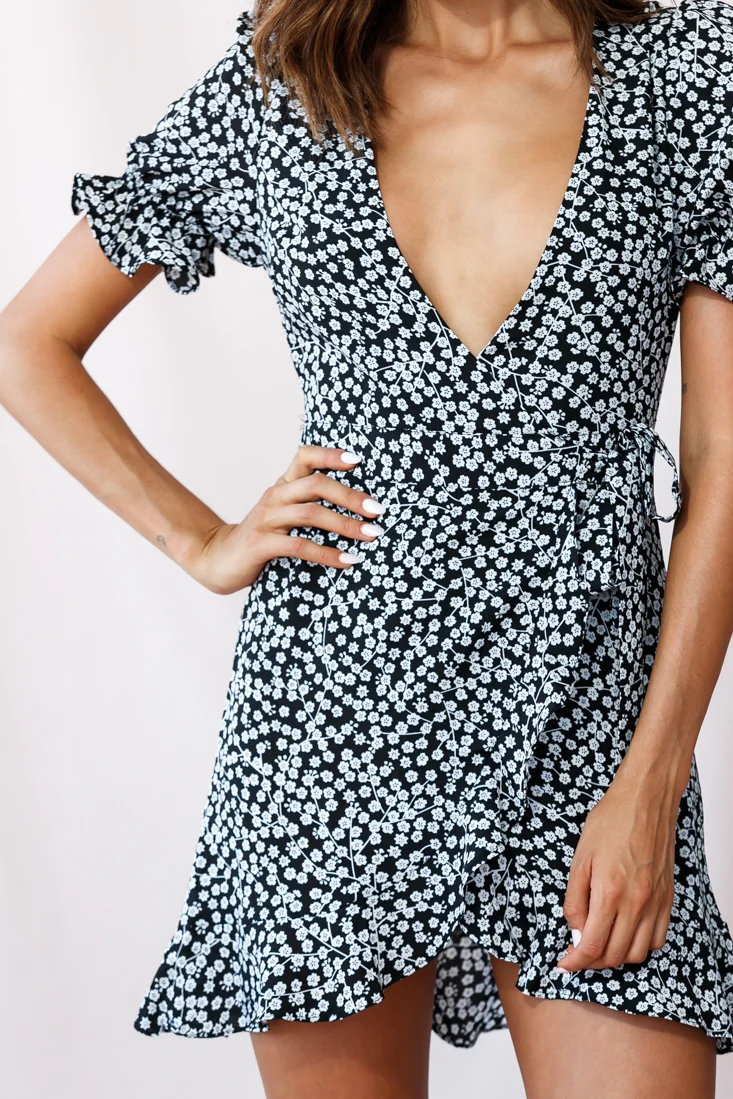Abigail Wrap Front Puff Sleeve Dress Black - Image 4