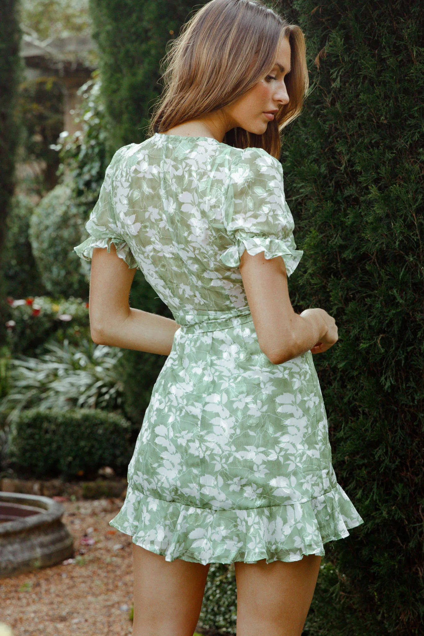 Abigail Wrap Front Puff Sleeve Dress Floral Print Avocado Multi - Image 2