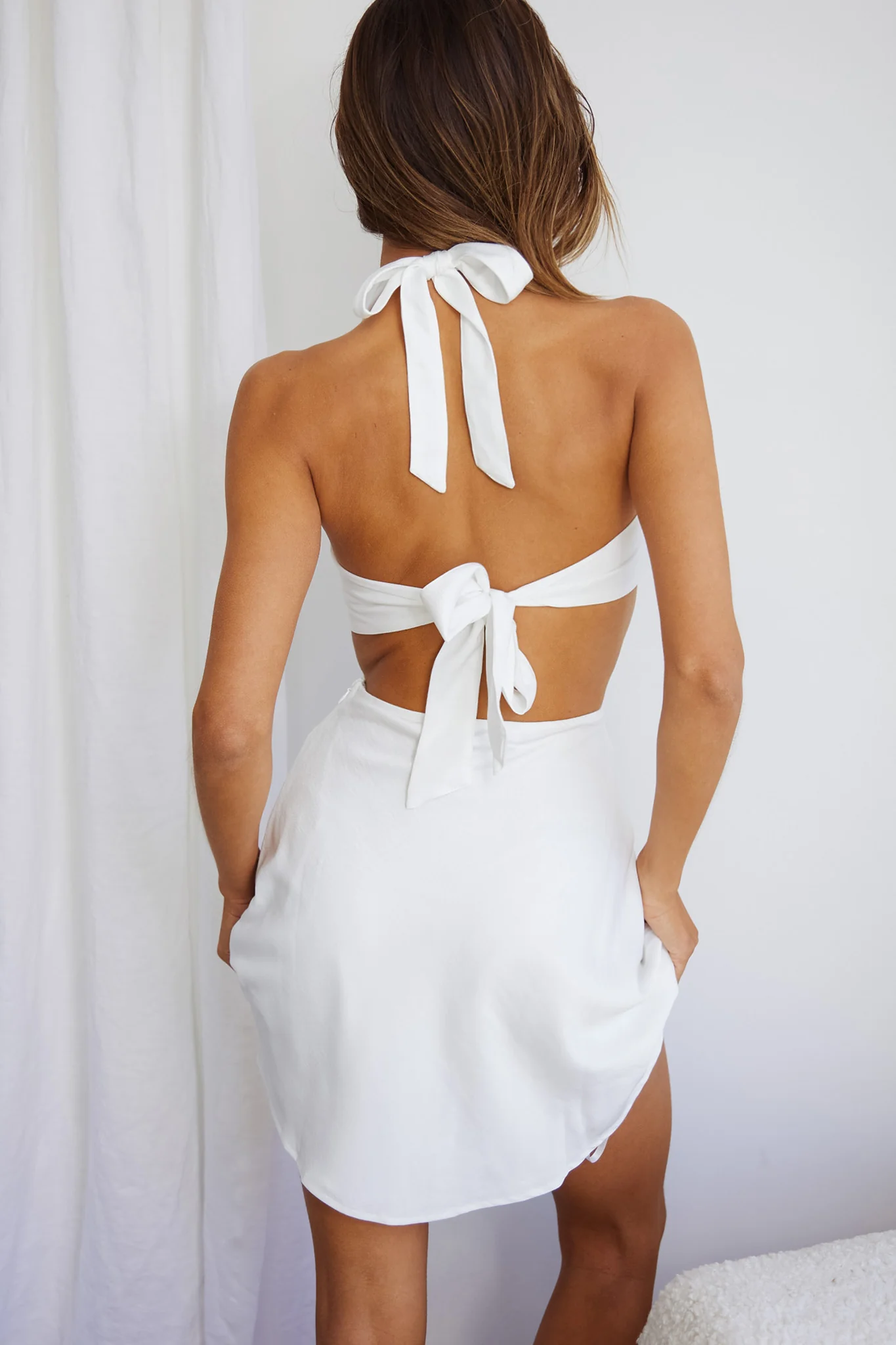 Acapulco Halterneck Tie-Up Back Satin Mini Dress White - Image 6