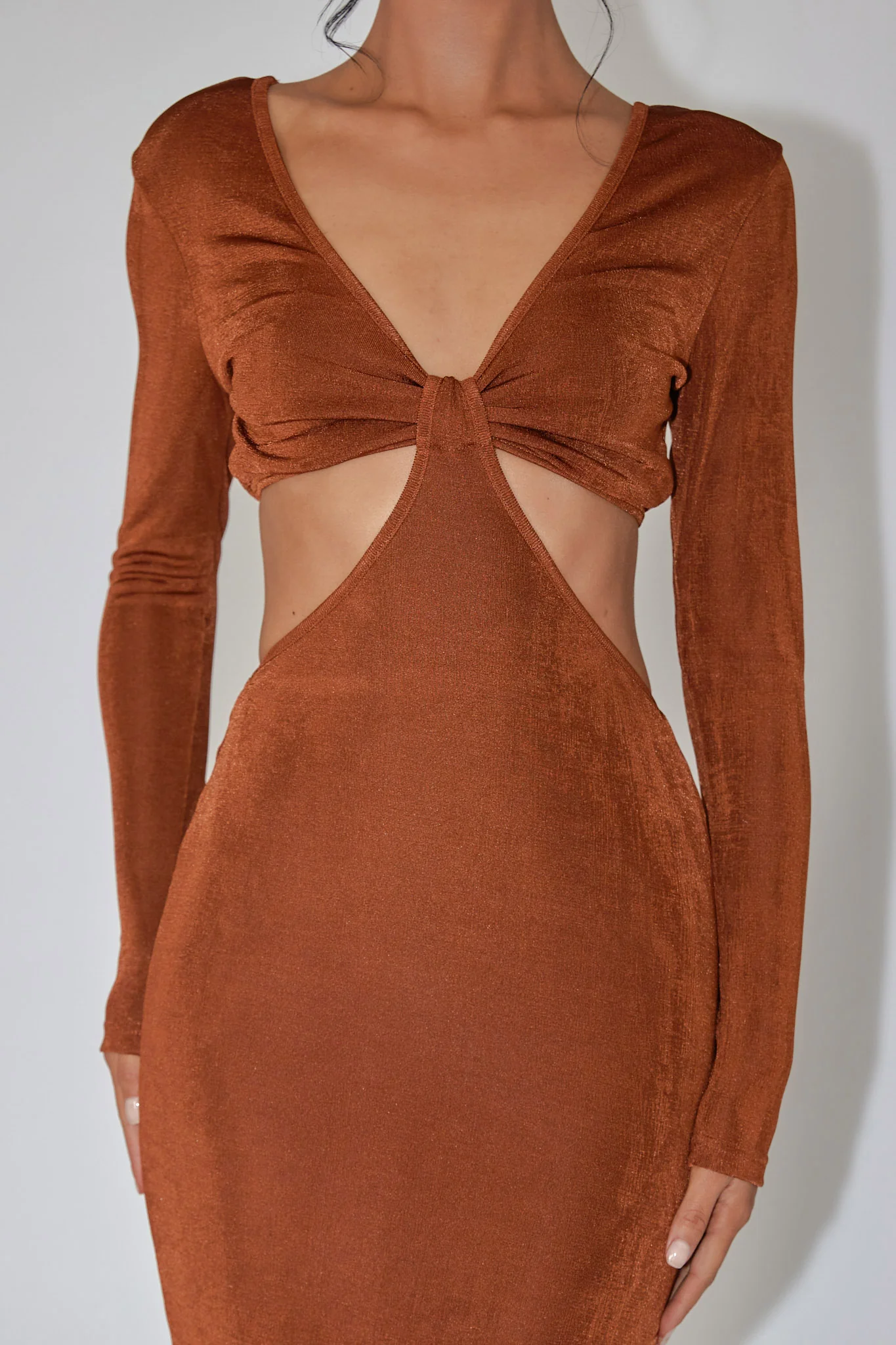 Acapulco Long Sleeve Cut-Out Waist Side Split Midi Jersey Dress Chocolate - Image 4