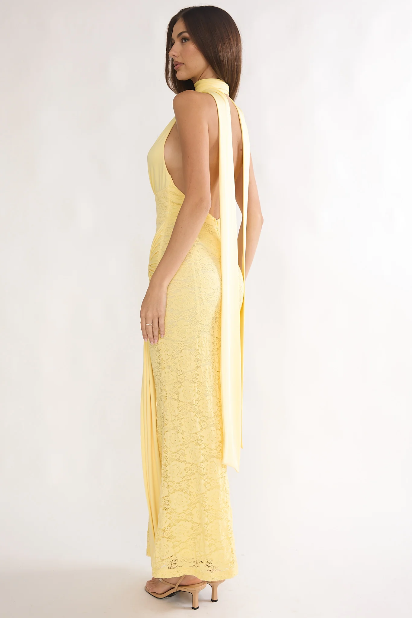 Adair Halterneck Waist Sash Maxi Dress Lace Butter - Image 2