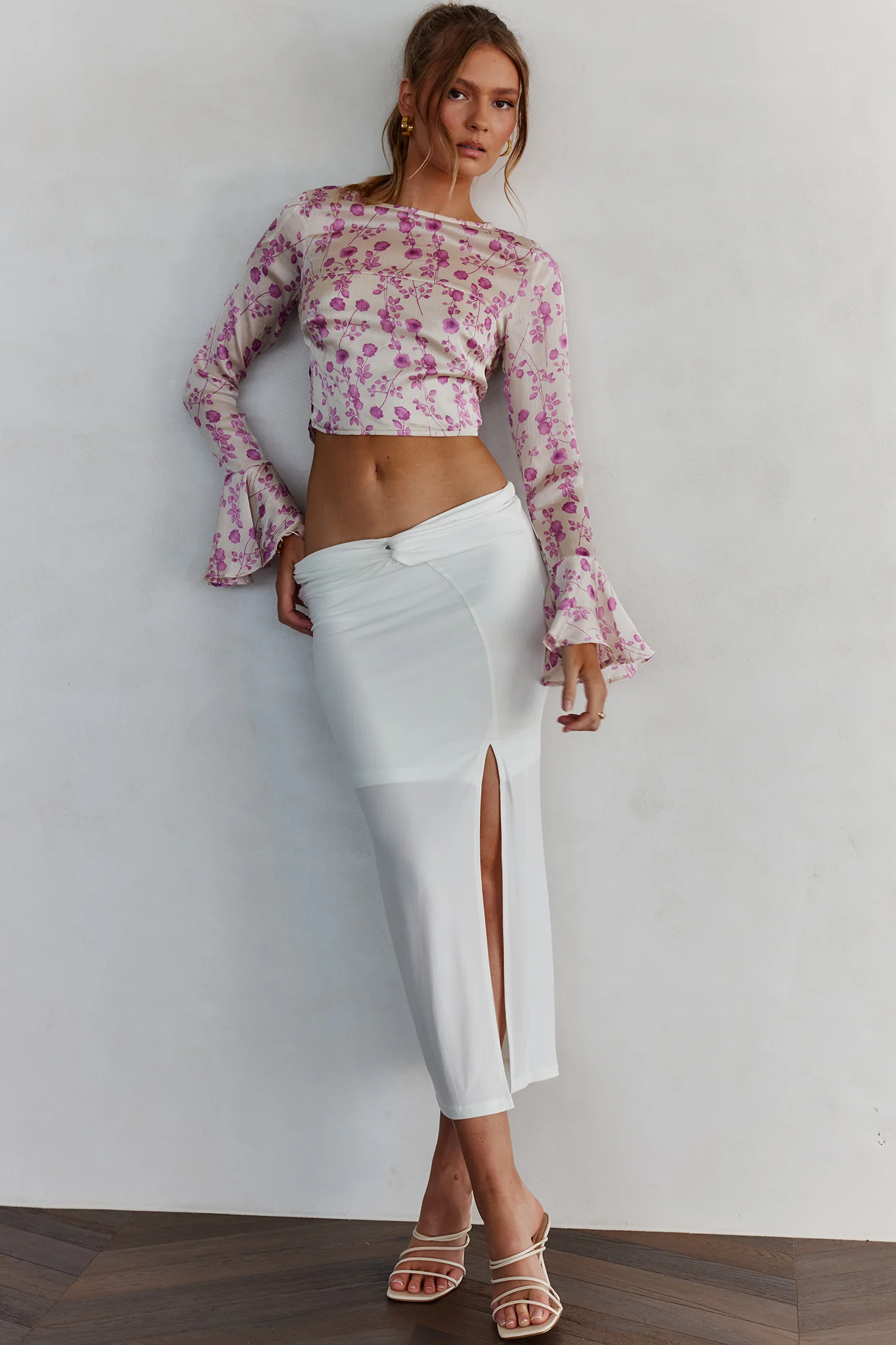 Adalia Long Sleeve Tied Top Floral Champagne - Image 2