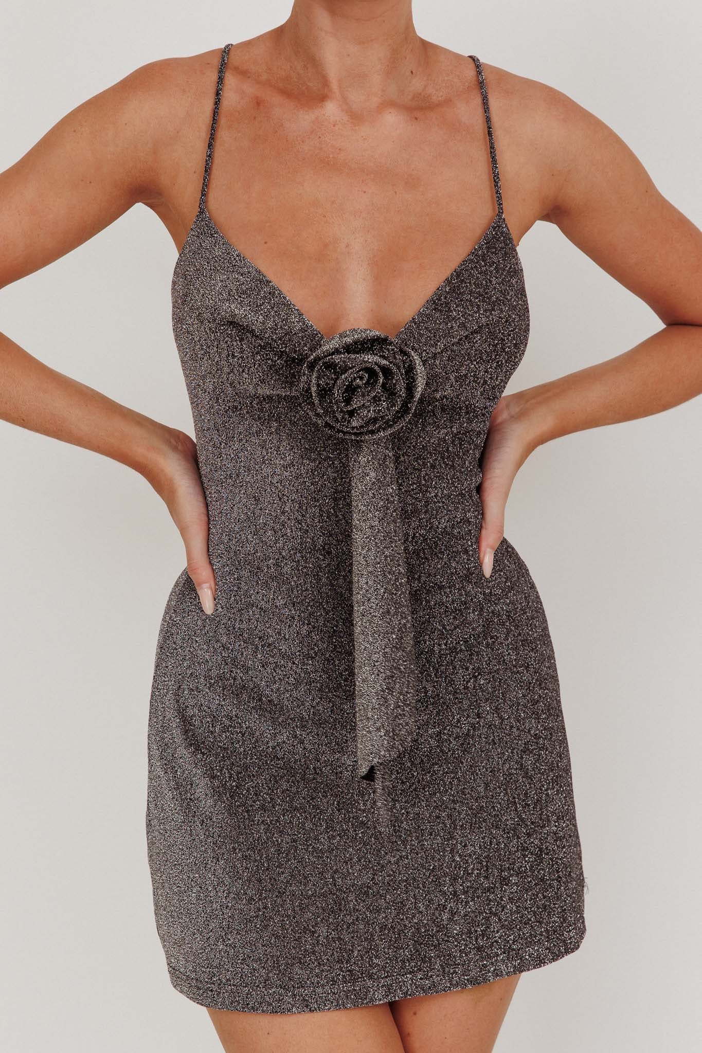 Addicted Glitter Rosette Mini Dress Charcoal - Image 4
