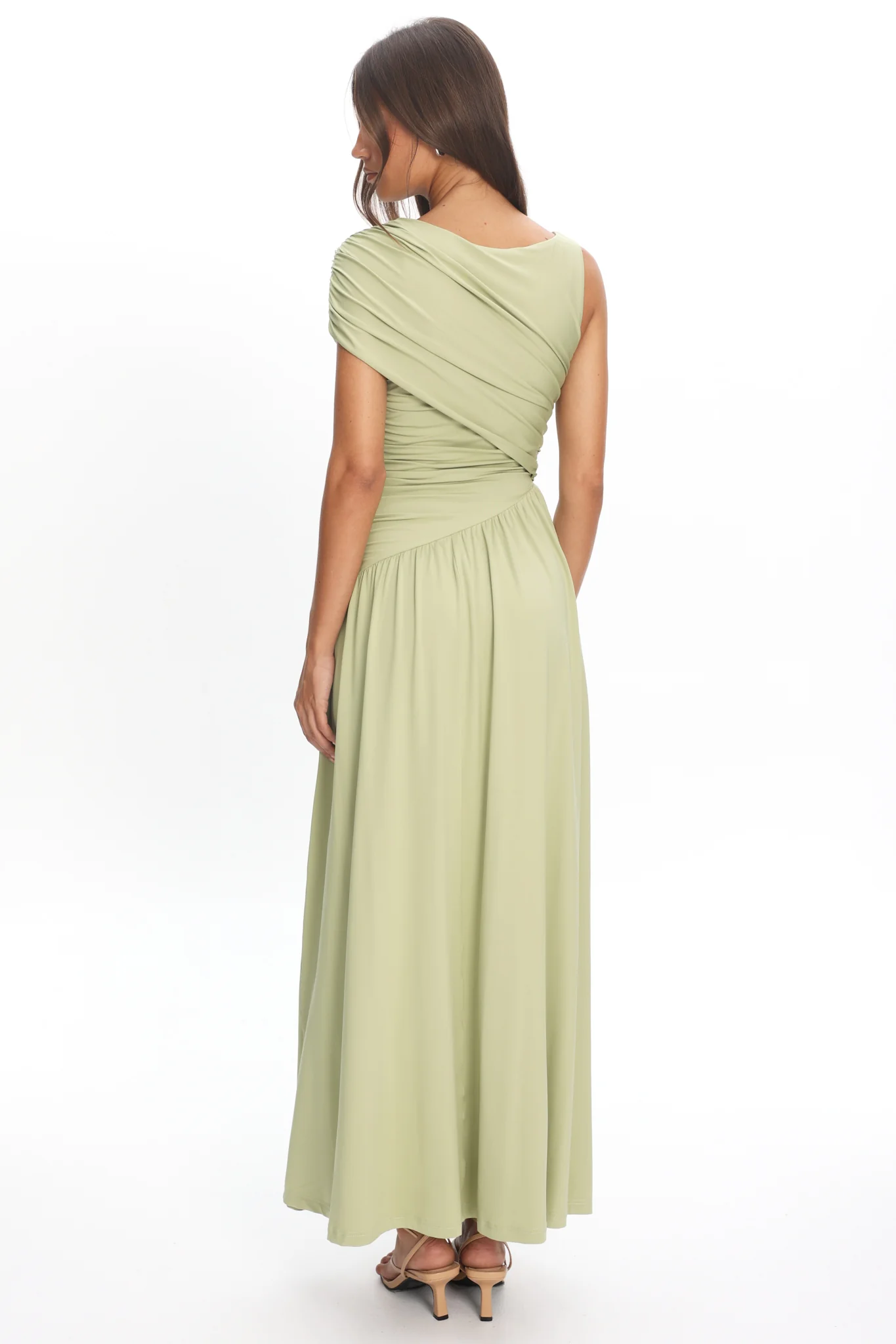 Adiel Ruched Asymmetric Waist Maxi Dress Olive - Image 2