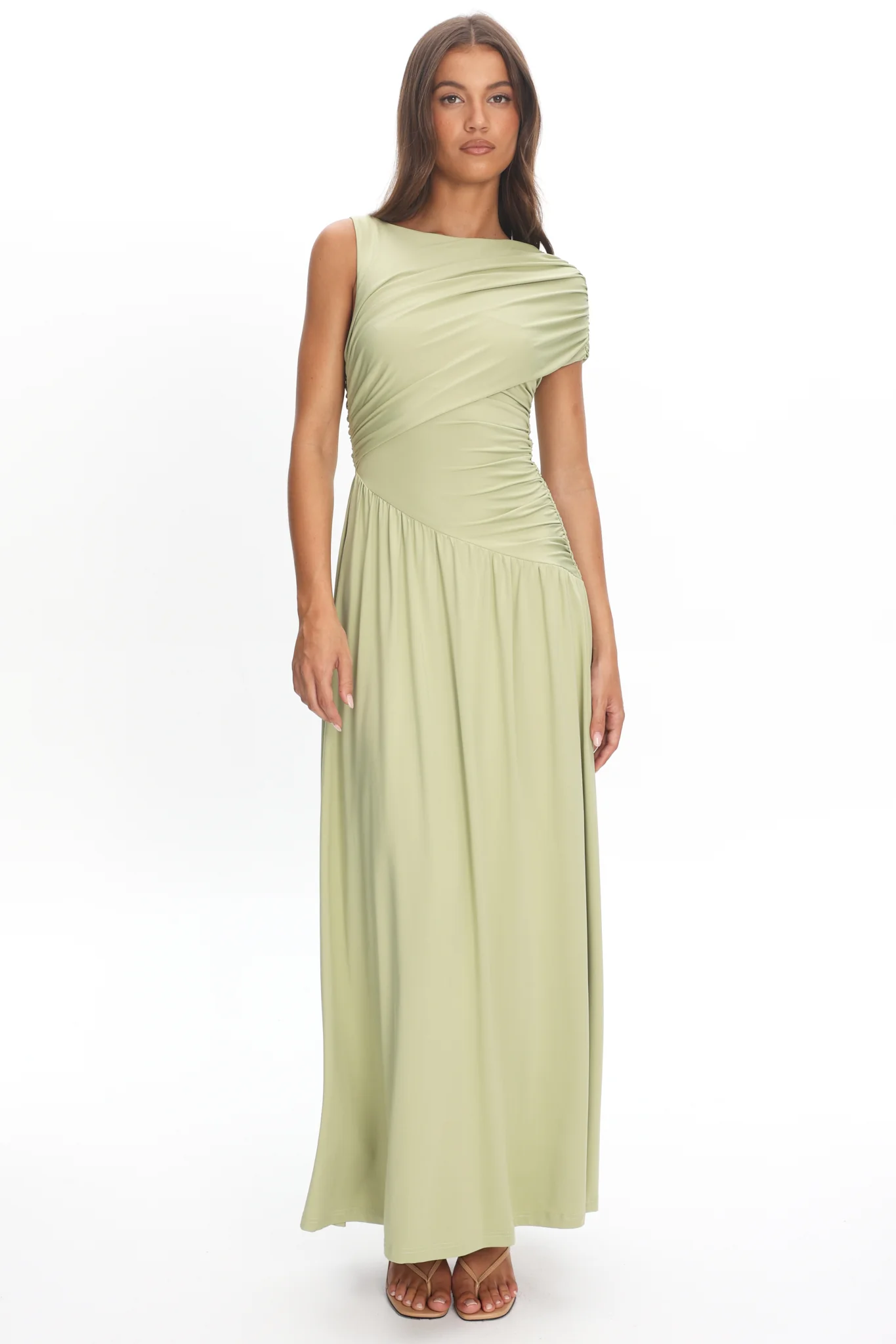 Adiel Ruched Asymmetric Waist Maxi Dress Olive - Image 5