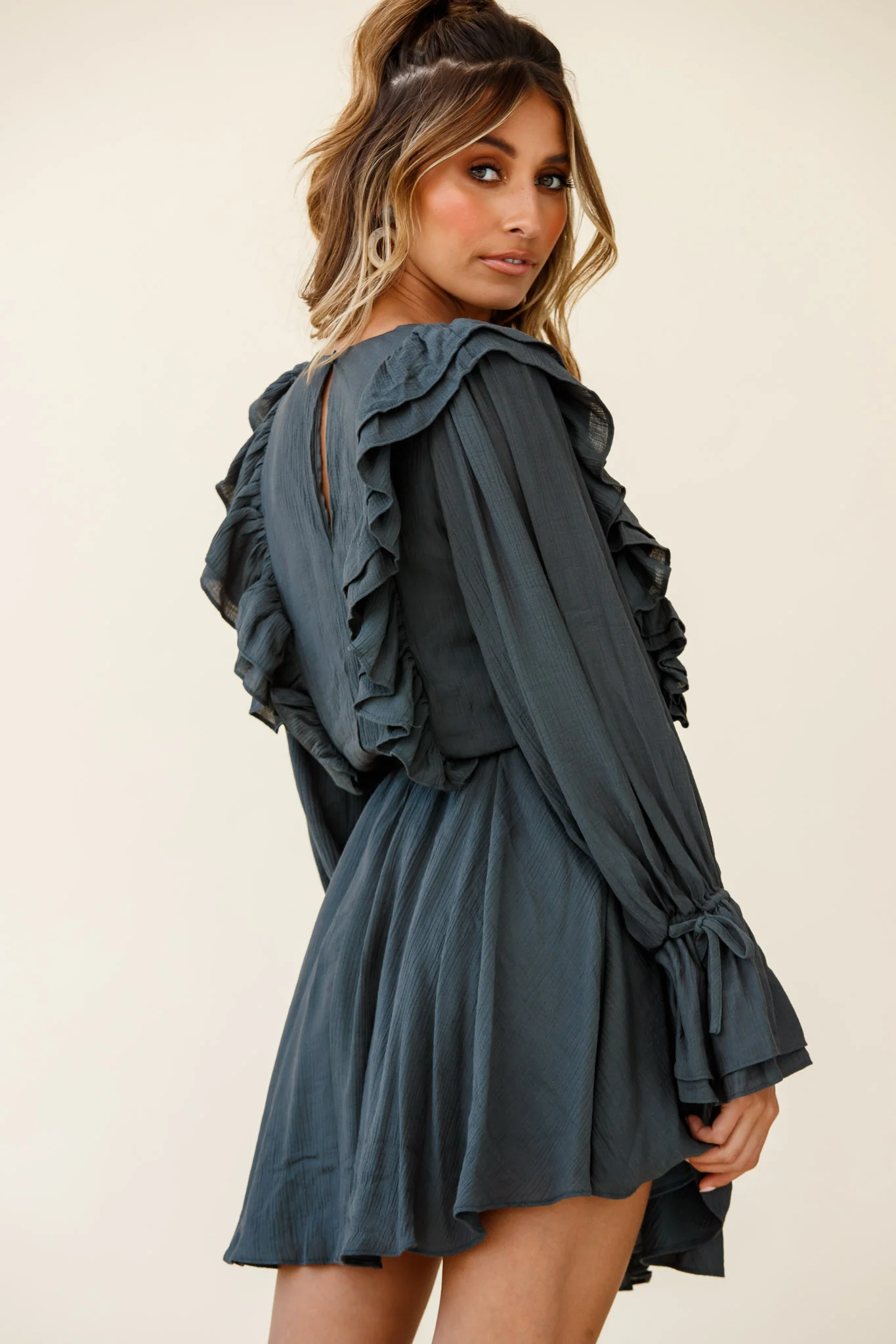 Adina Fluted Long Sleeve Frill Detail Dress Green - Image 2