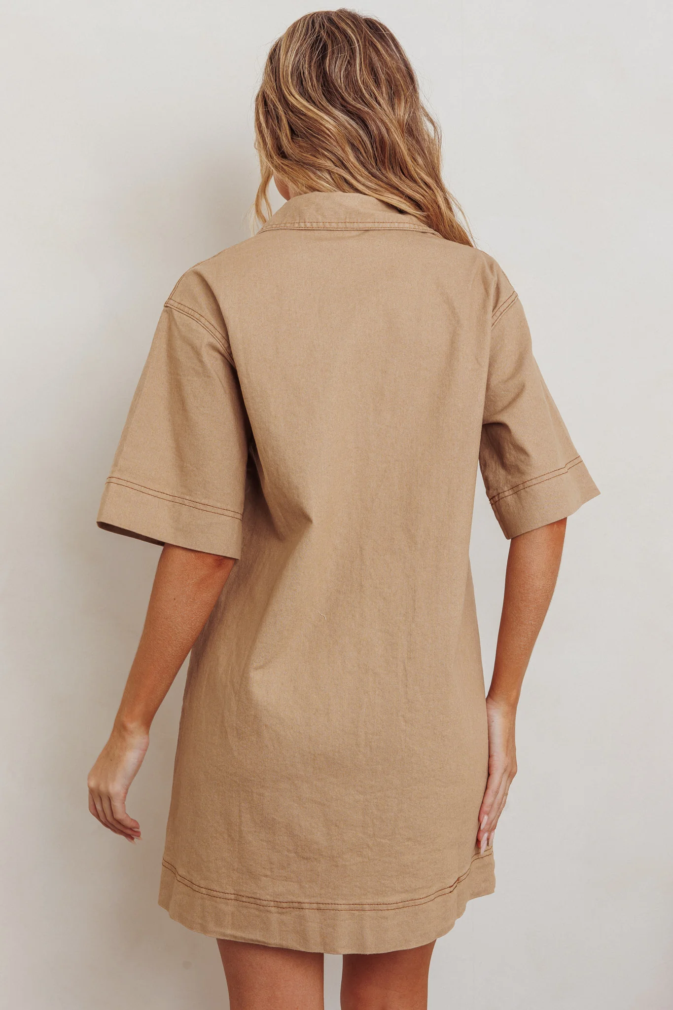 Admiration Contrast Stitching Boxy Mini Dress Beige - Image 2