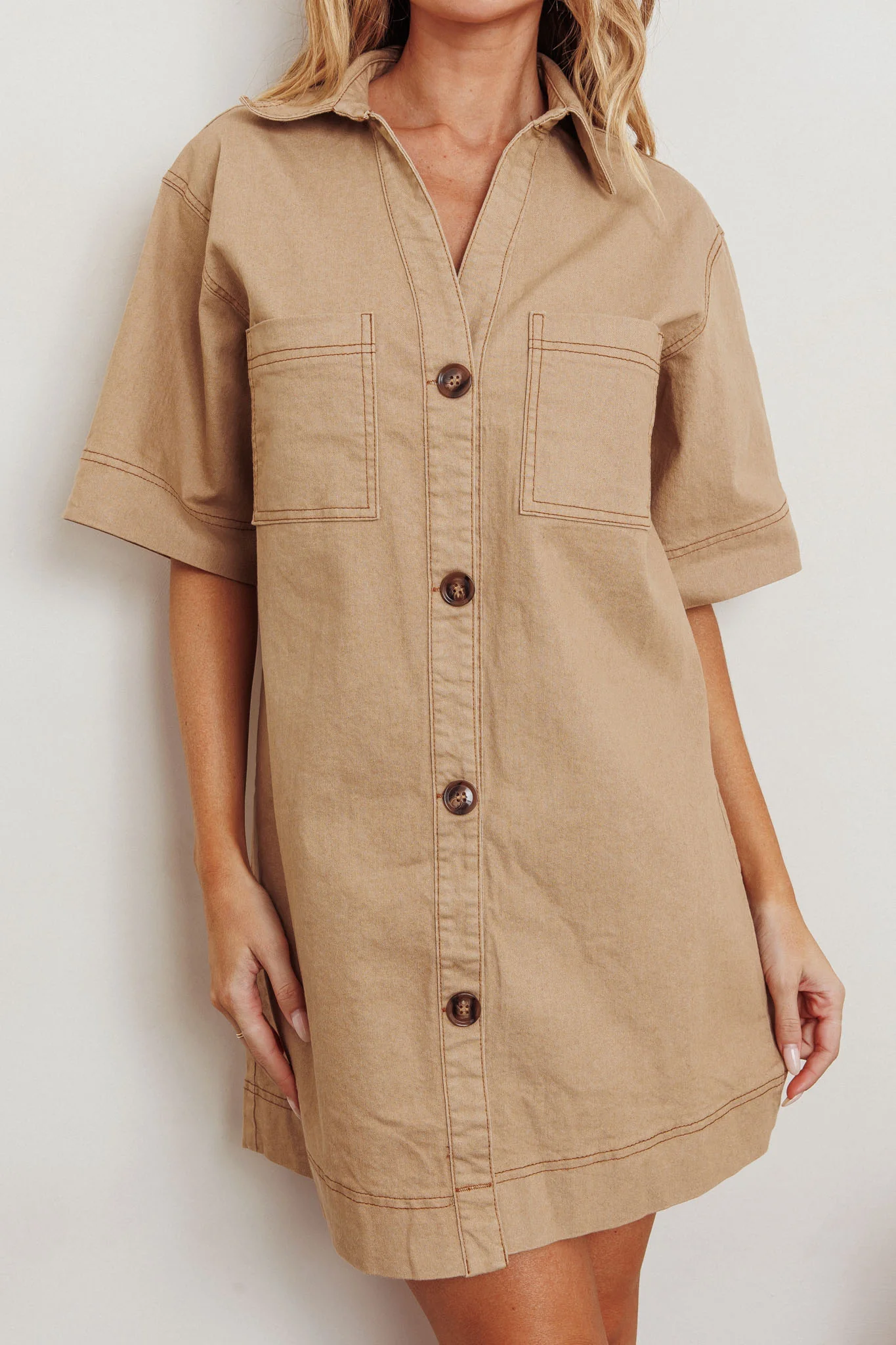 Admiration Contrast Stitching Boxy Mini Dress Beige - Image 4