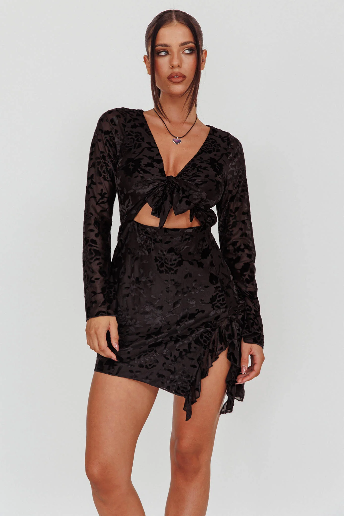 Adri Bust Tie Mini Dress Velvet Floral Black - Image 6