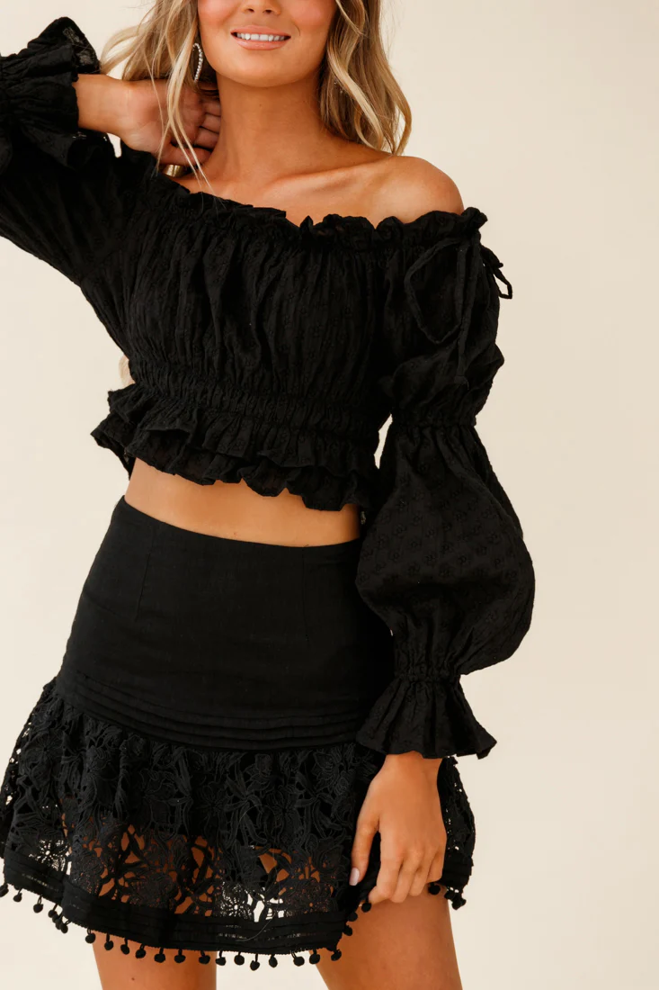 Adrielle Lace Detail Fluted Hem Mini Skirt Black - Image 6