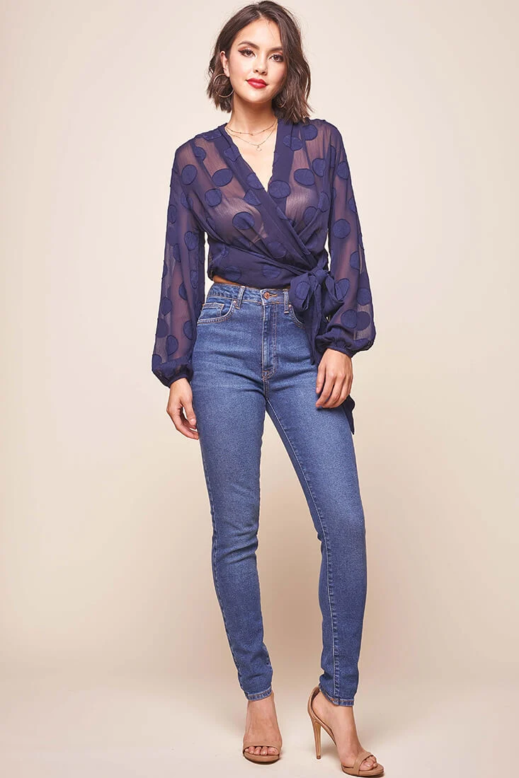 After Hours Sheer Wrap Blouse Navy - Image 6