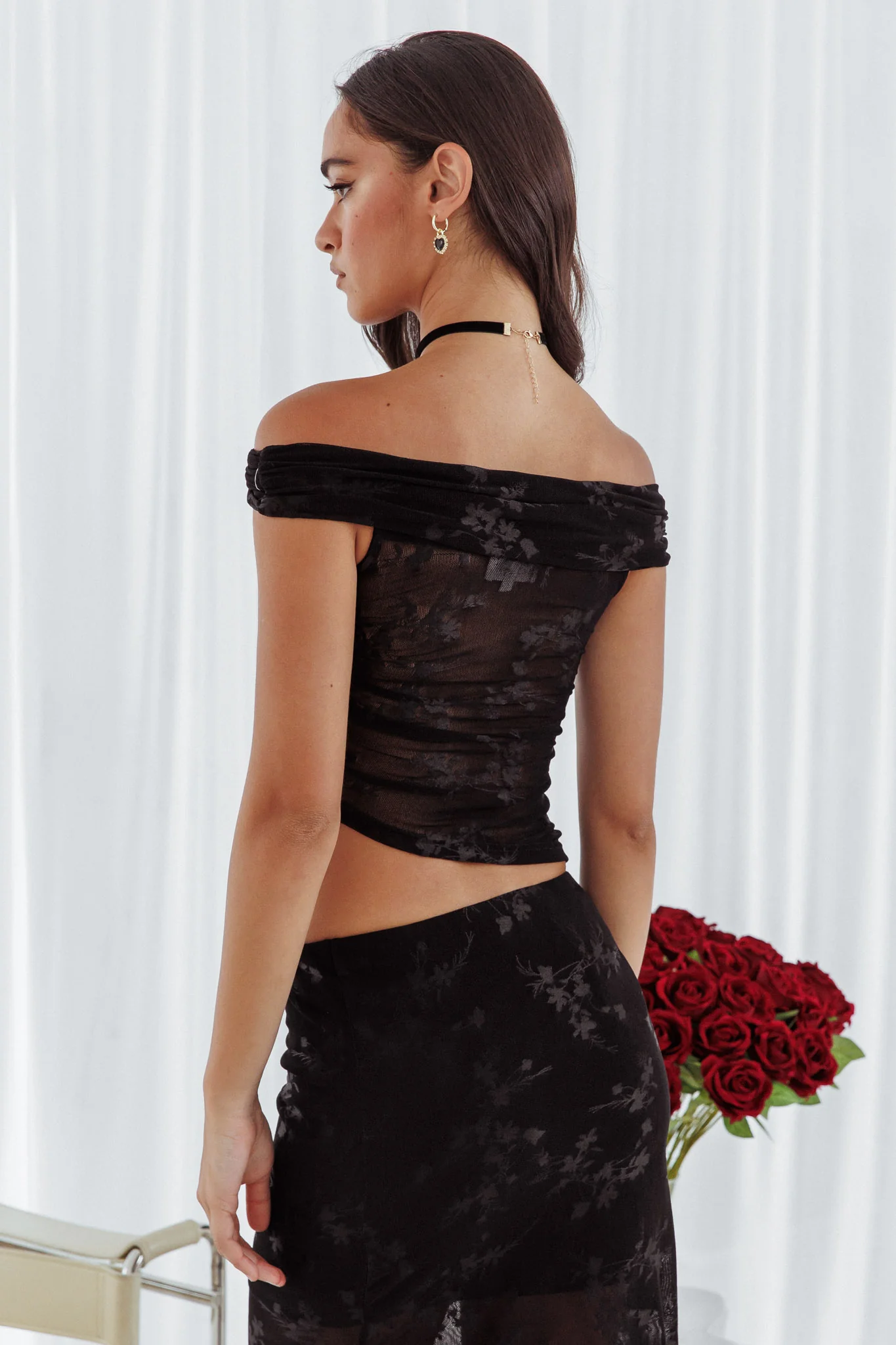 After Party Off-Shoulder Mesh Top Black - Image 3