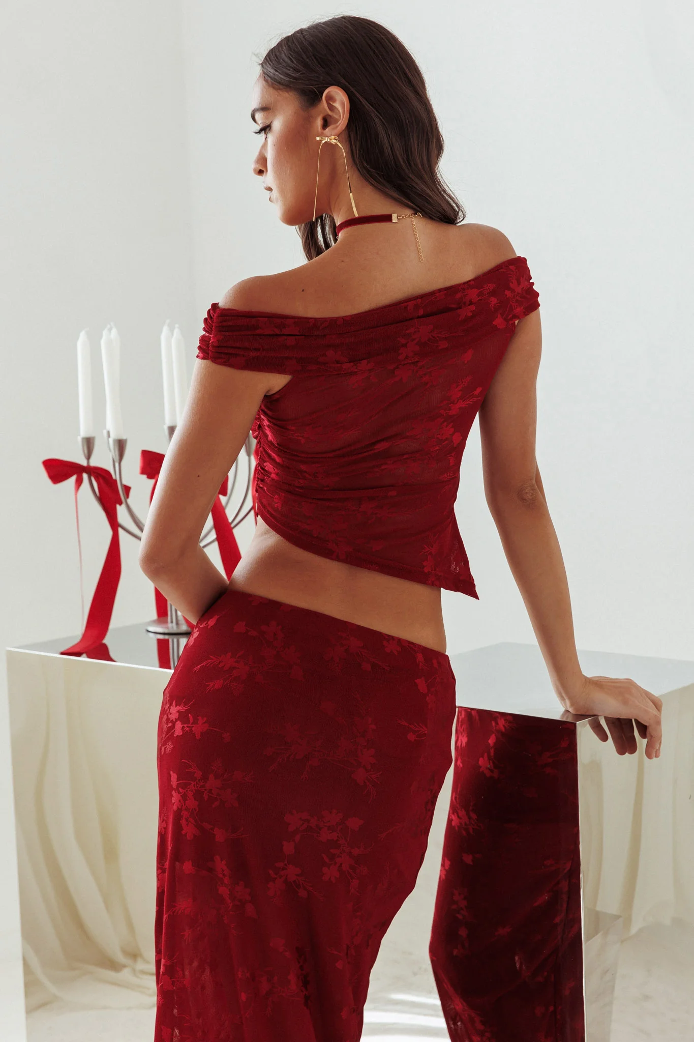 After Party Off-Shoulder Mesh Top Burgundy - Image 2