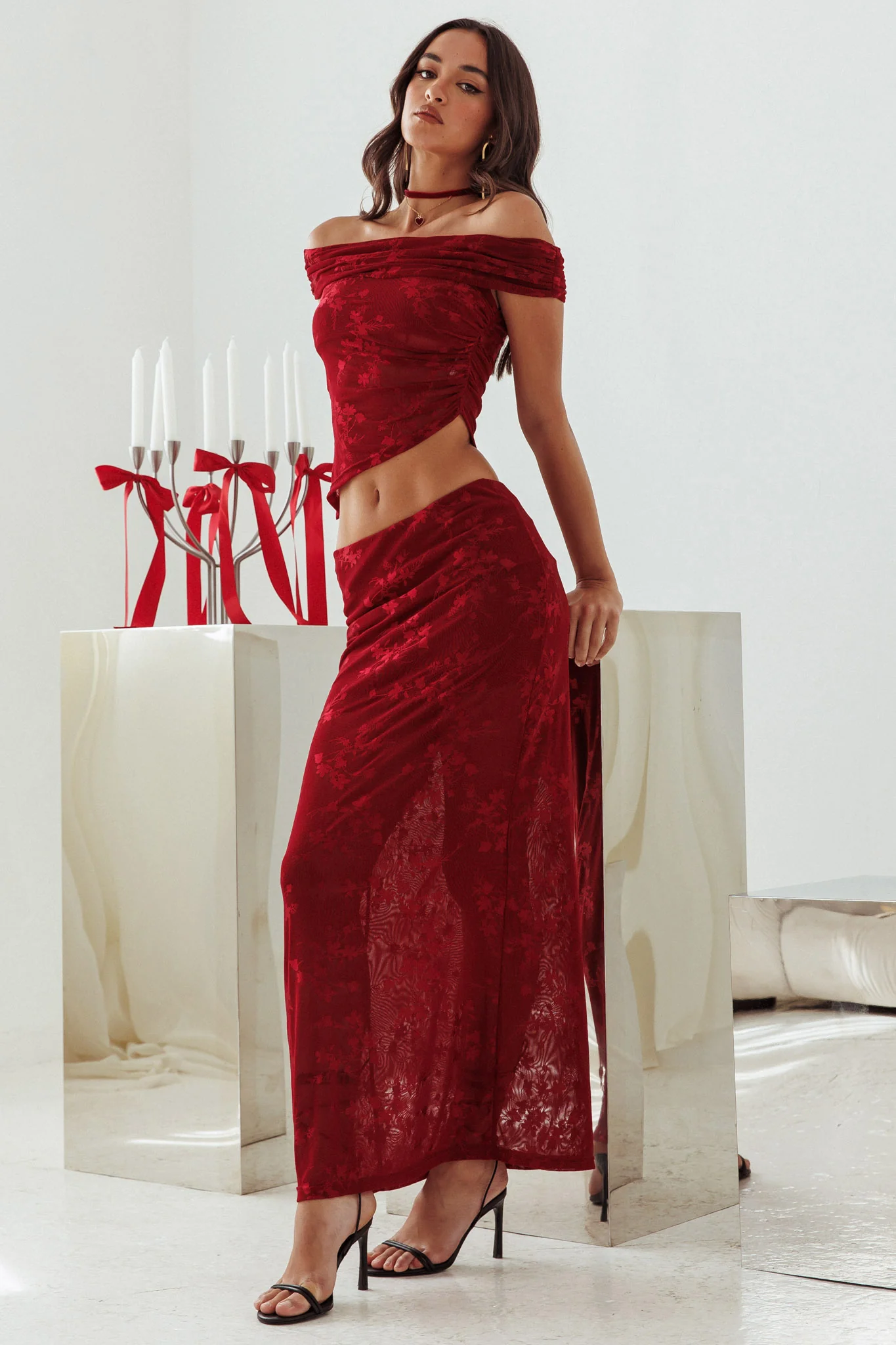 After Party Off-Shoulder Mesh Top Burgundy - Image 3