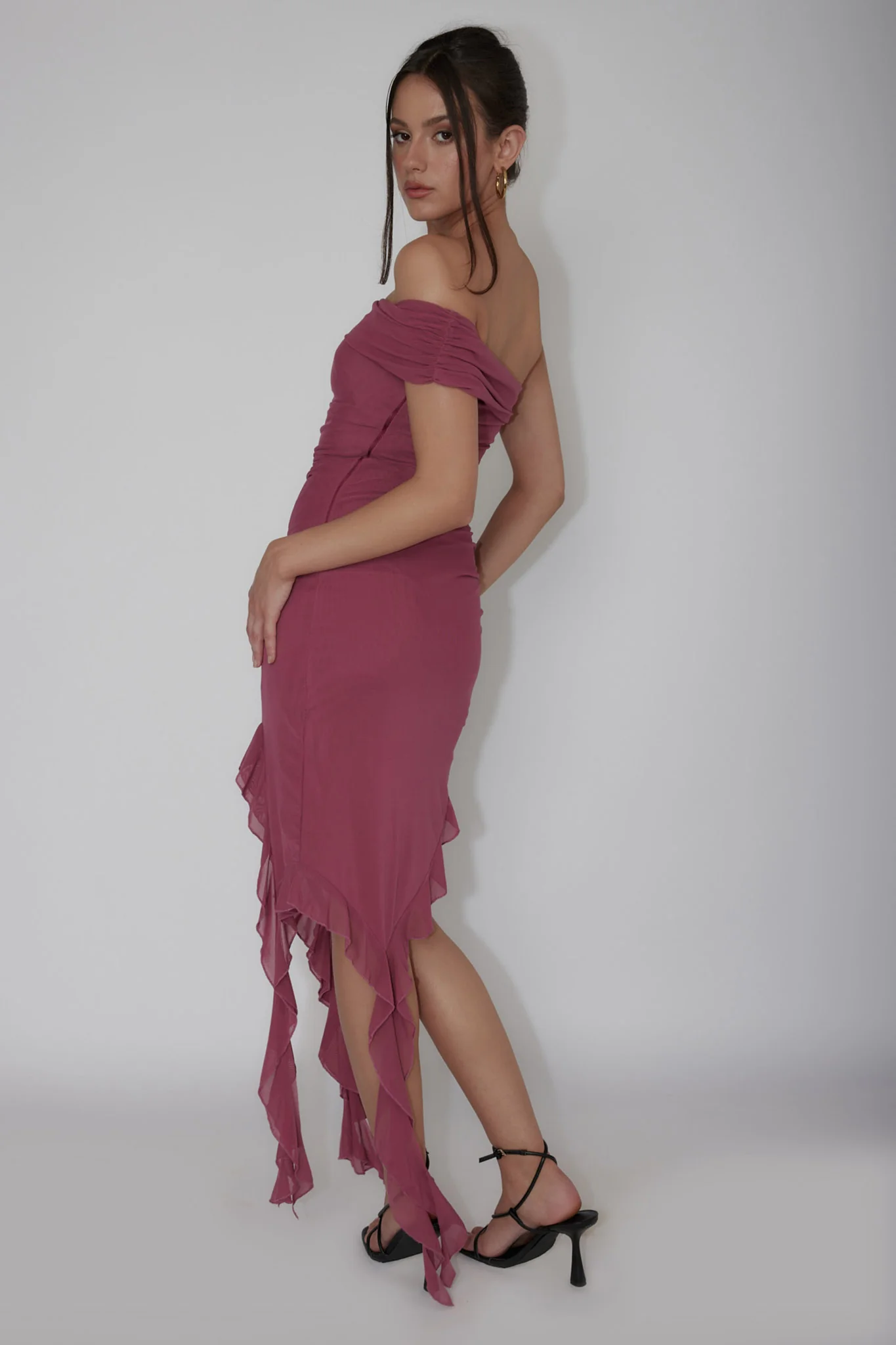 After Party One Sleeve Ruffle Mini Dress Dark Mauve - Image 2