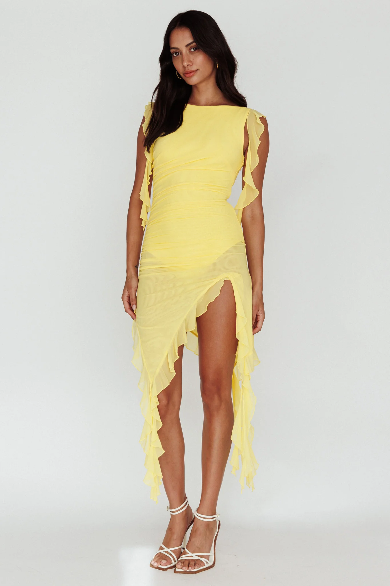 After Party Sleeveless Ruffle Trim Mini Dress Lemon - Image 3
