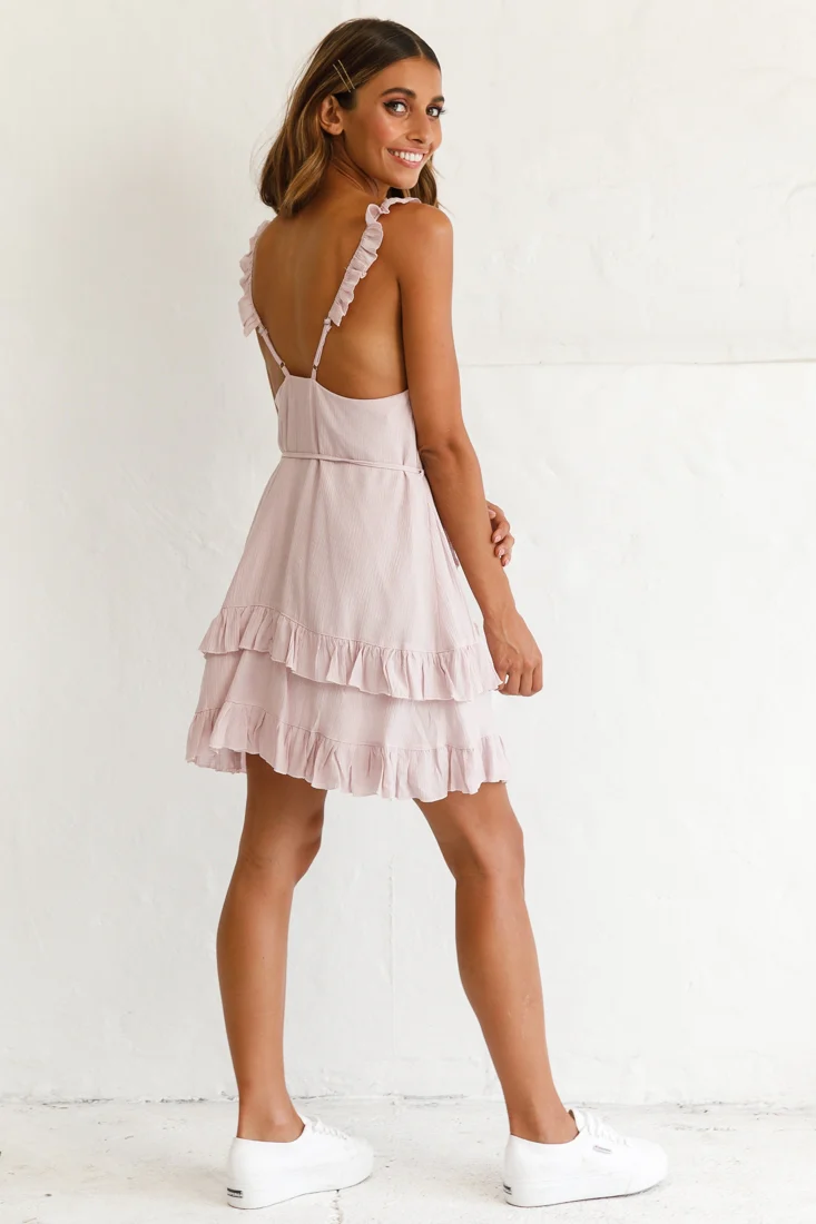 Agatha Ruffle Strap String Waist Tie Dress Blush - Image 3