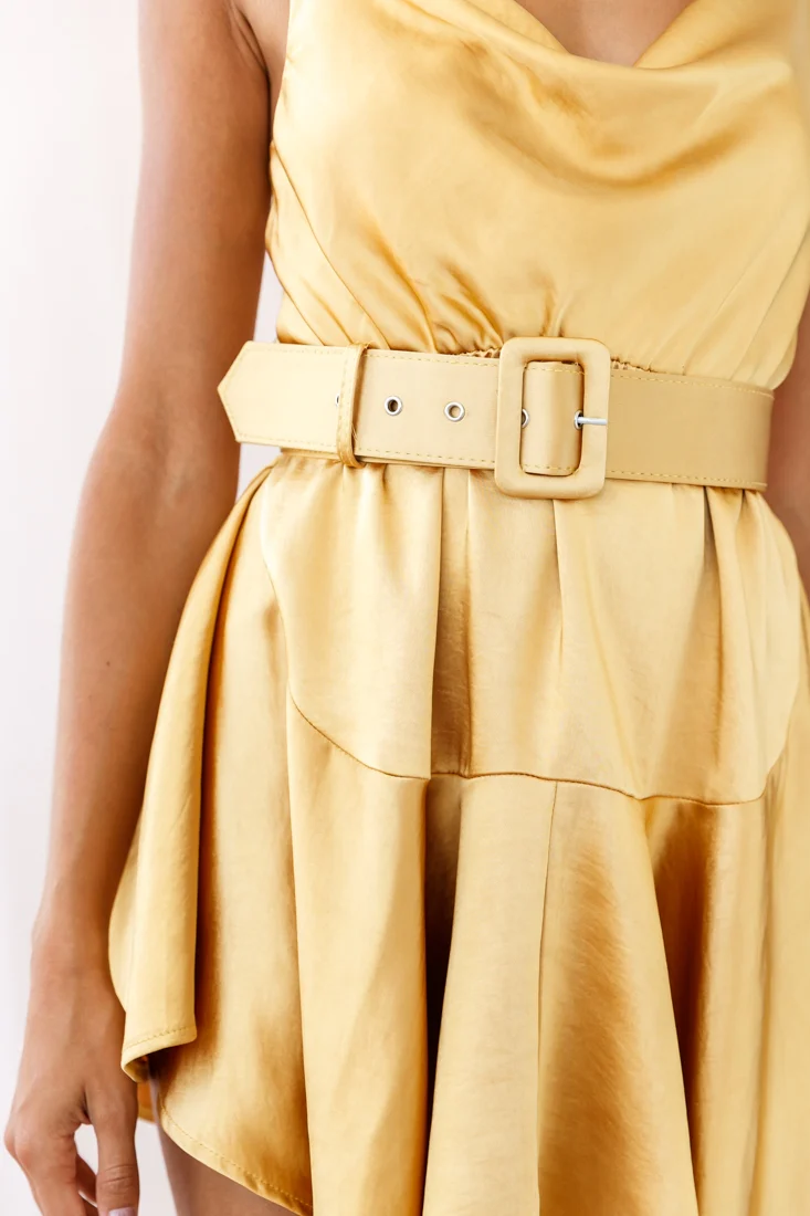 Agent 99 Belted Satin Cowl Neck Dress Mustard - Image 4
