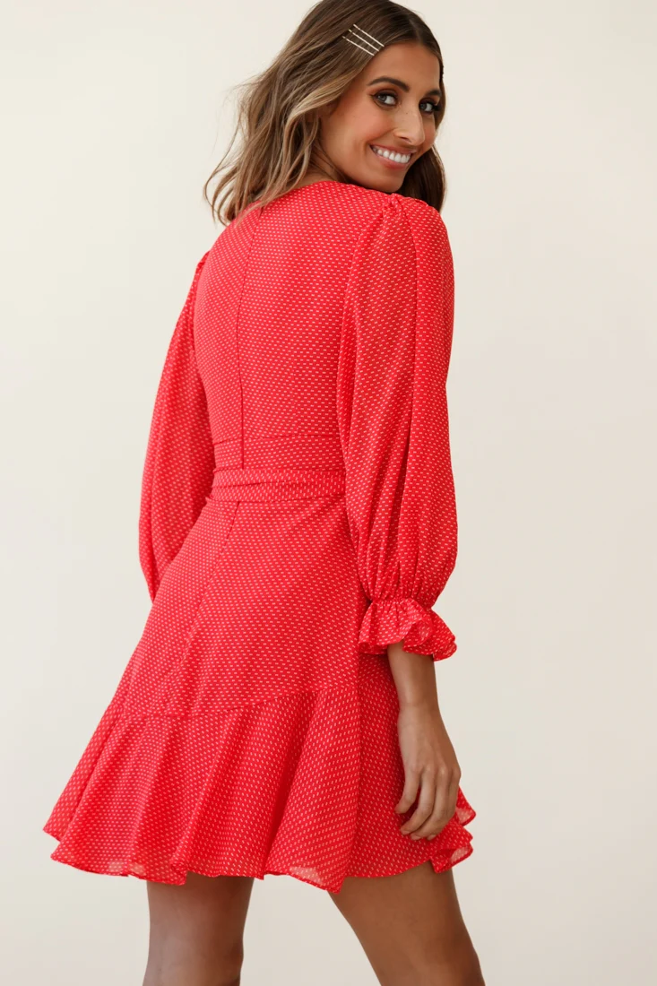 Agnes Long Sleeve Pleat Detail Dress Red - Image 6