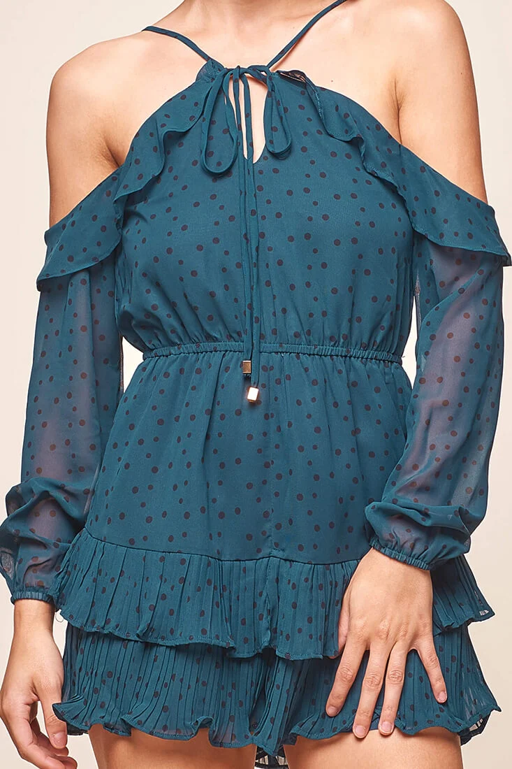 Agron Off-Shoulder Accordion Pleat Romper Forest Green - Image 5