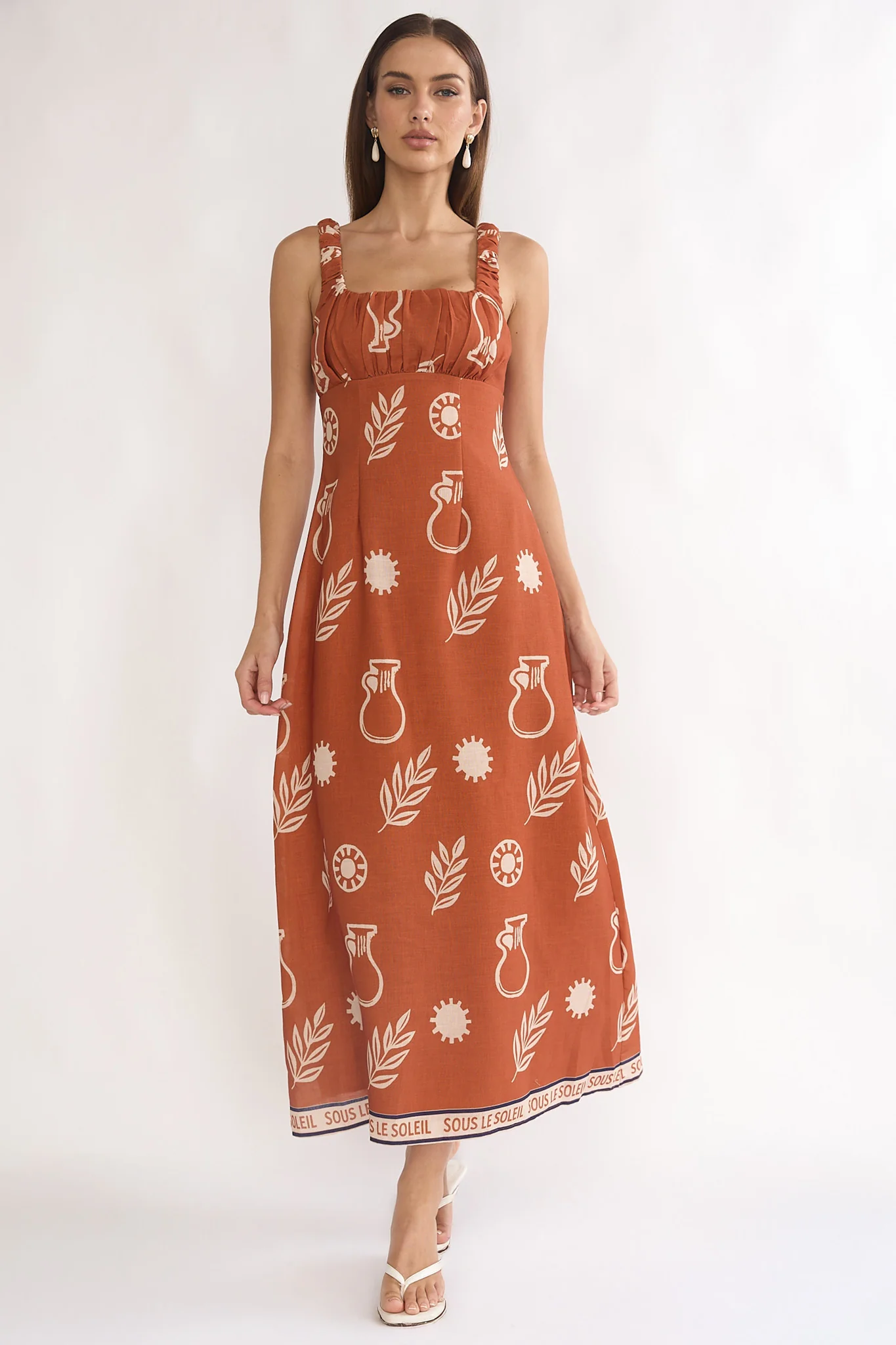 Aila Gathered Bust Maxi Dress Print Tan - Image 2