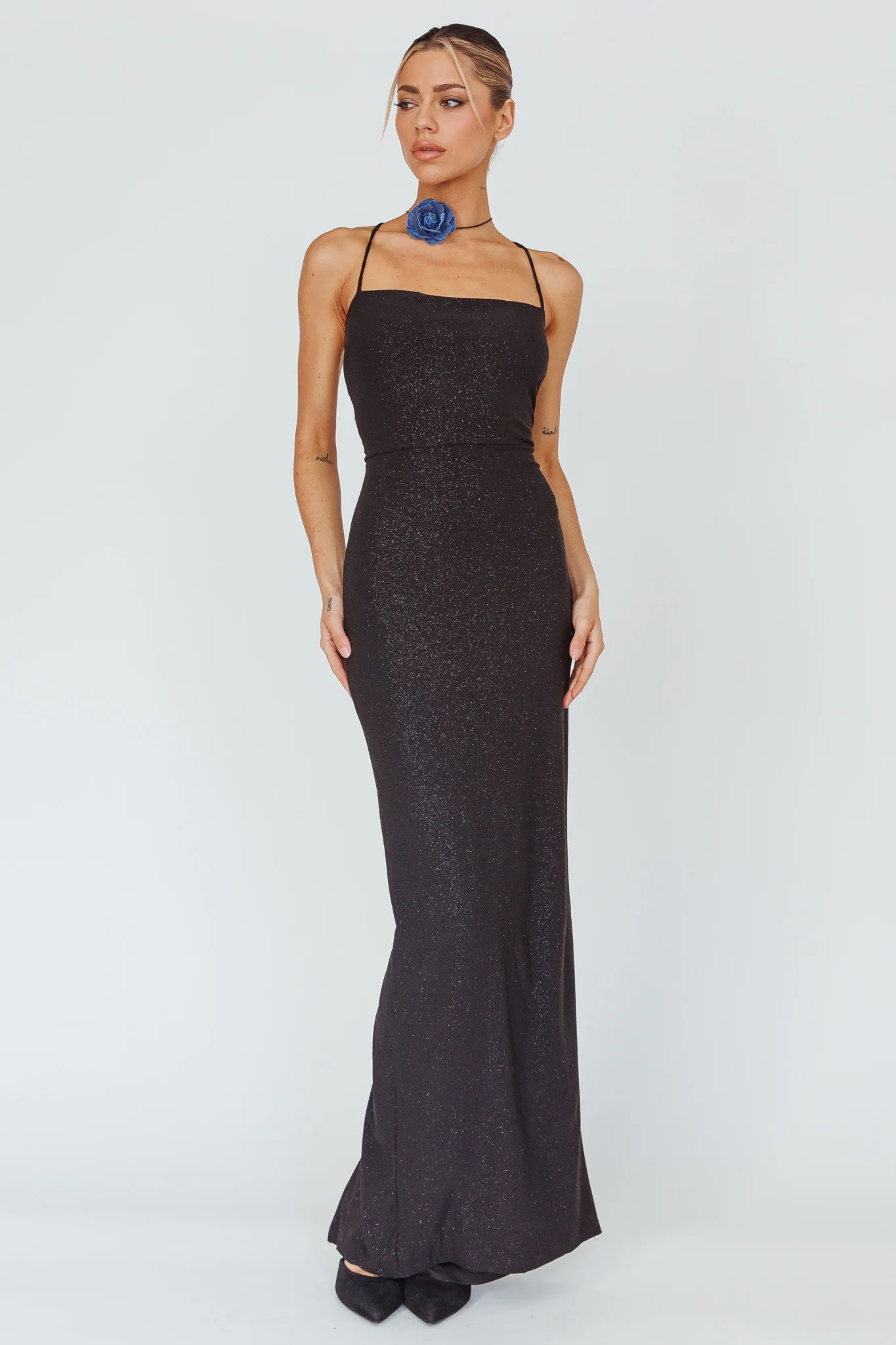 Ailani Lace-Up Back Maxi Dress Sparkle Black - Image 6