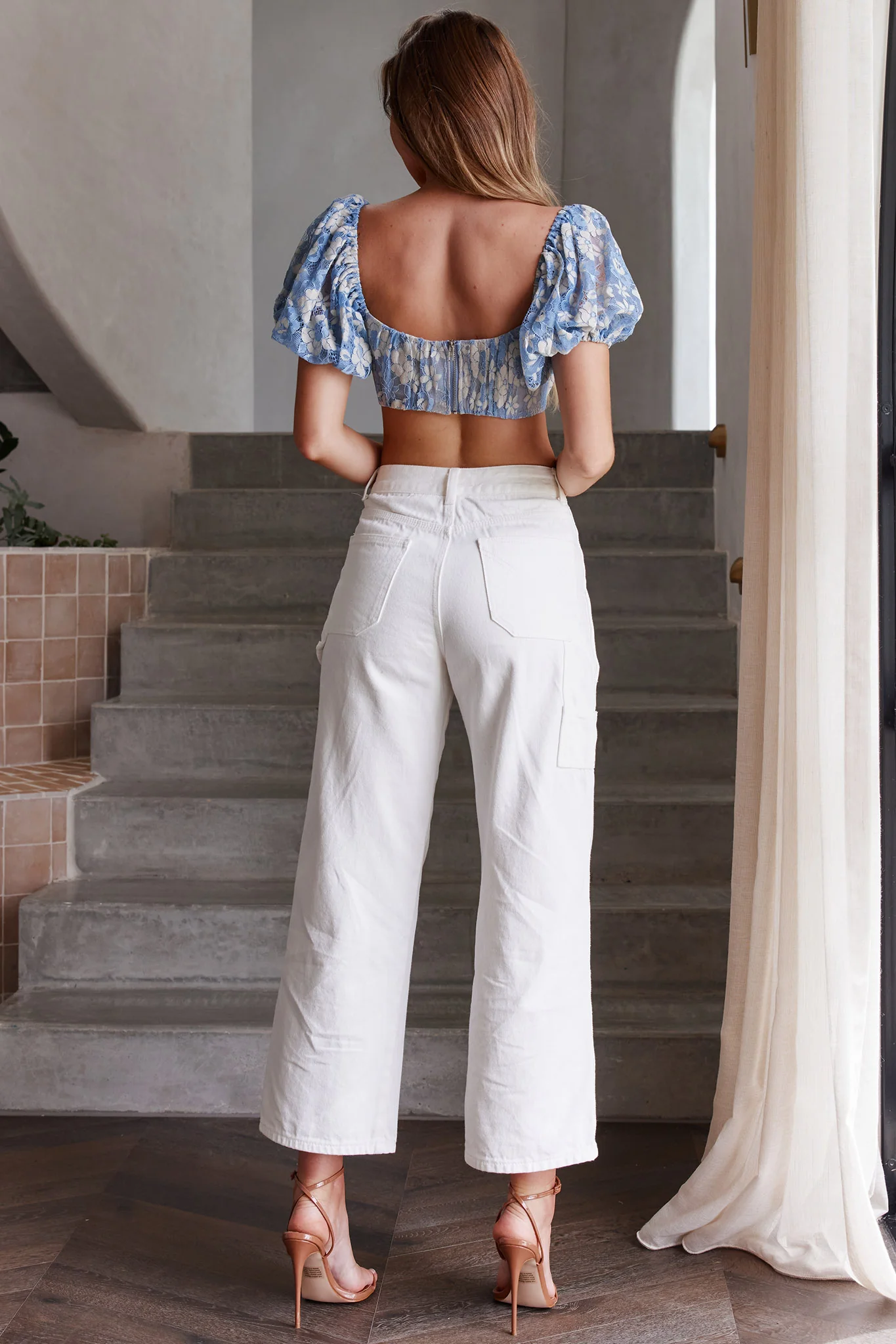 Aimee Puff Sleeve Floral Lace Crop Top Blue - Image 9