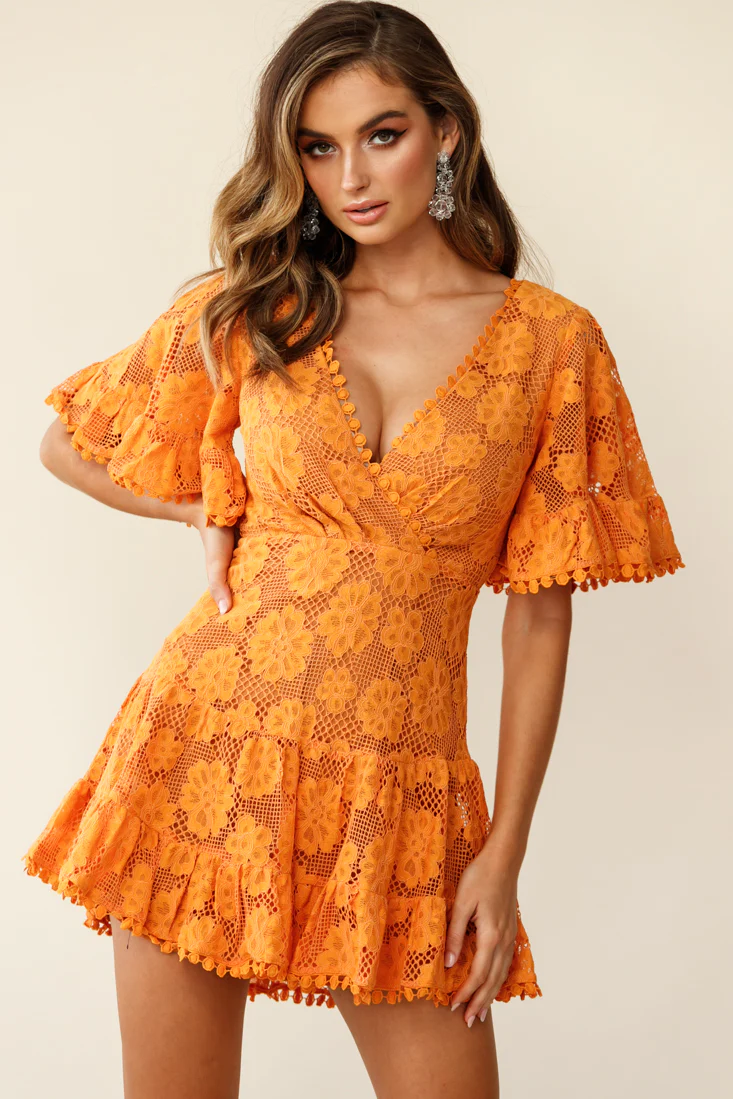 Alaia Short Fluted Sleeve Crochet Lace Dress Sunset - Image 4