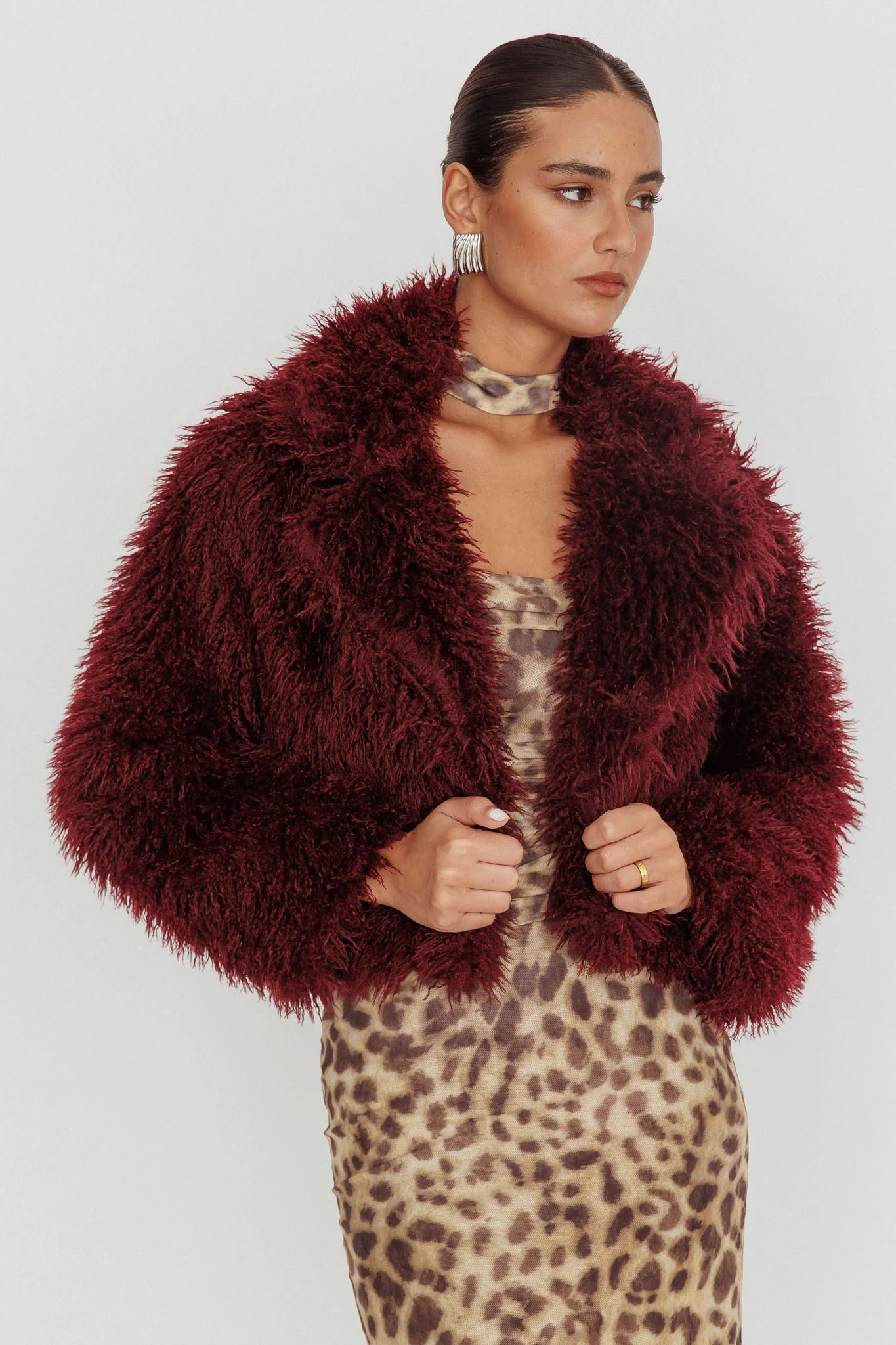 Aland Fuzzy Faux Fur Jacket Wine - Image 6