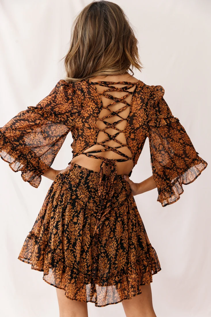 Albany Lace Up Back Frill Dress Black/Orange - Image 3