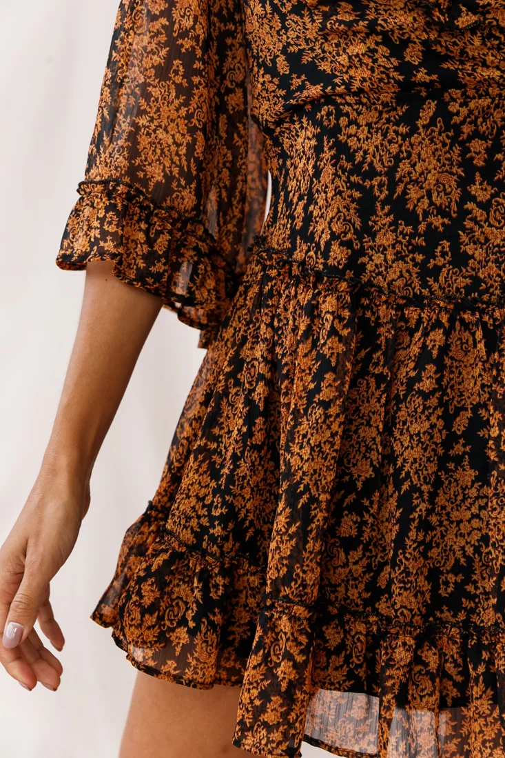 Albany Lace Up Back Frill Dress Black/Orange - Image 4