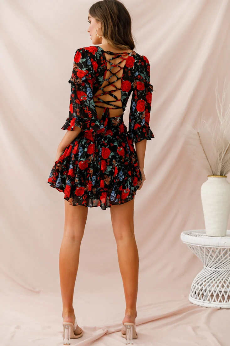 Albany Lace Up Back Frill Dress Black/Red - Image 4