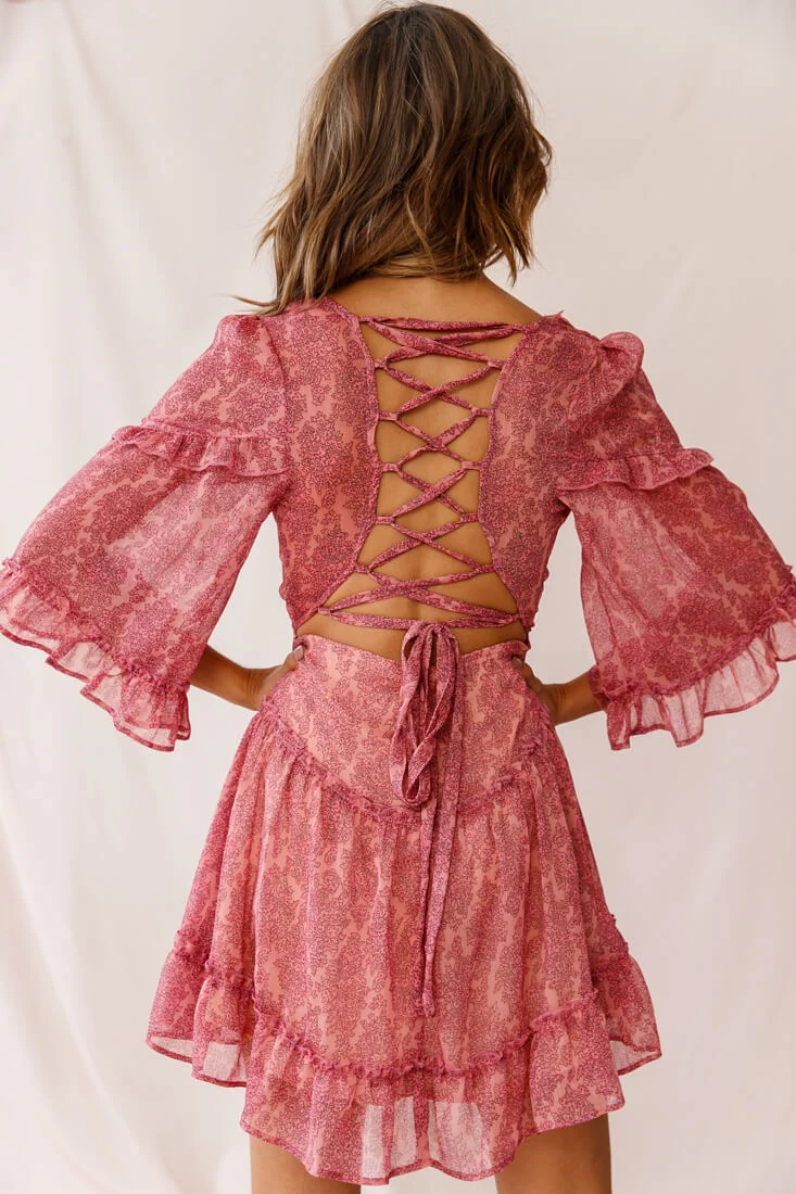 Albany Lace Up Back Frill Dress Pink - Image 3