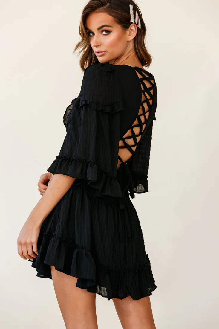 Albany Lace Up Back Frill Dress Shirred Black - Image 2