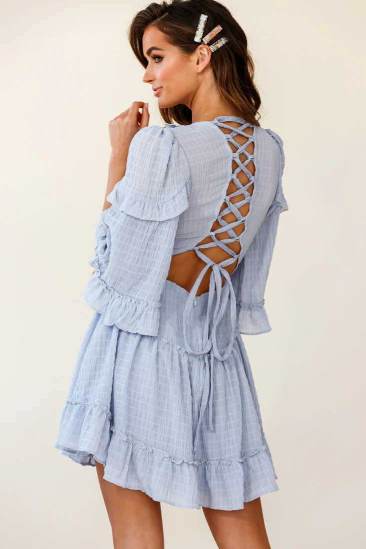 Albany Lace Up Back Frill Dress Shirred Grey - Image 3