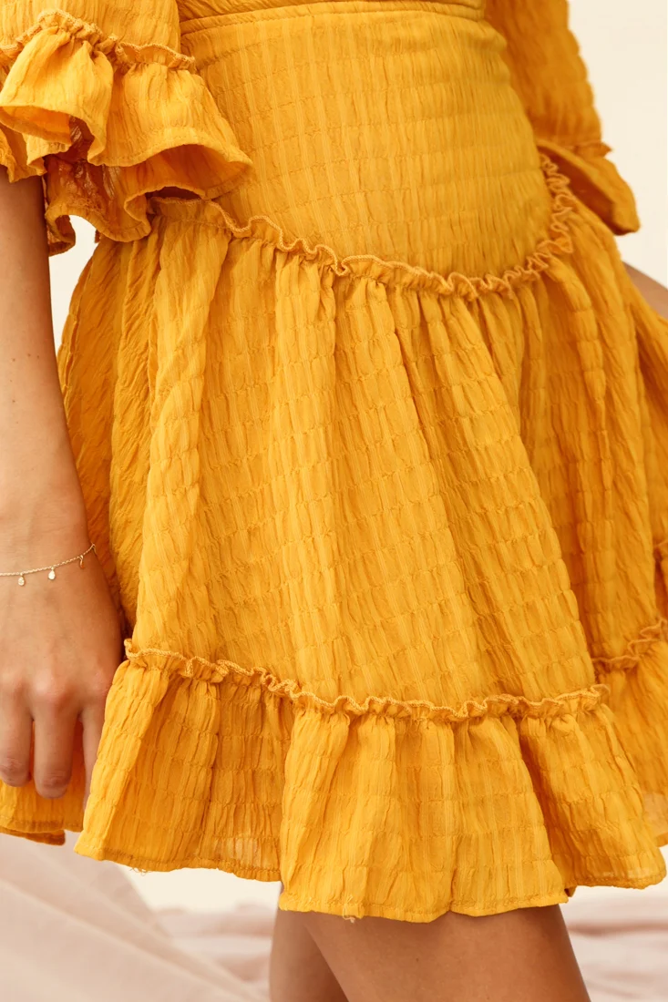 Albany Lace Up Back Frill Dress Shirred Mustard - Image 4