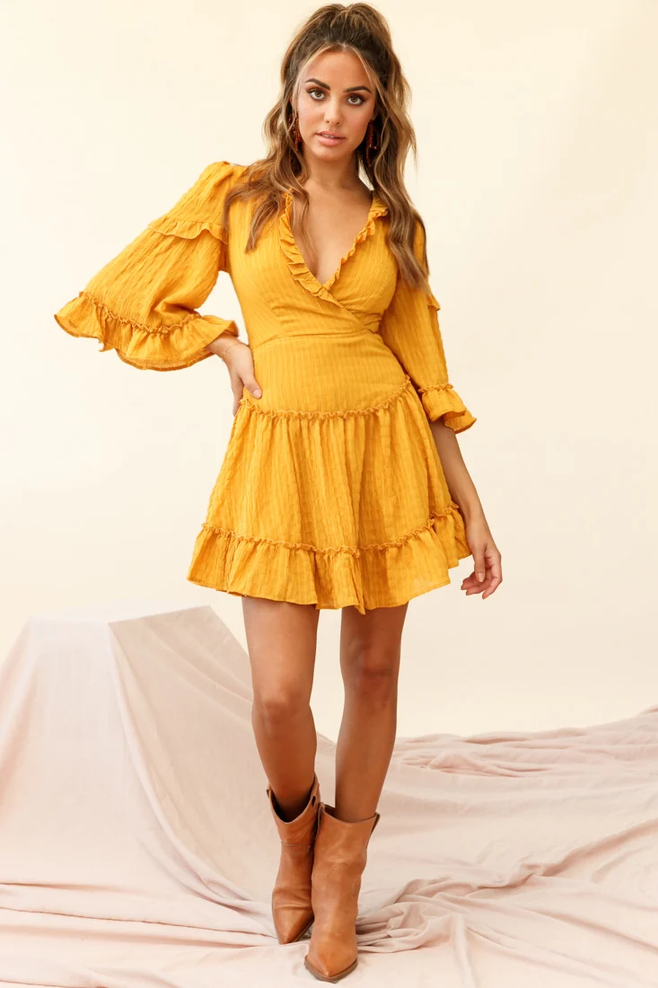 Albany Lace Up Back Frill Dress Shirred Mustard - Image 7