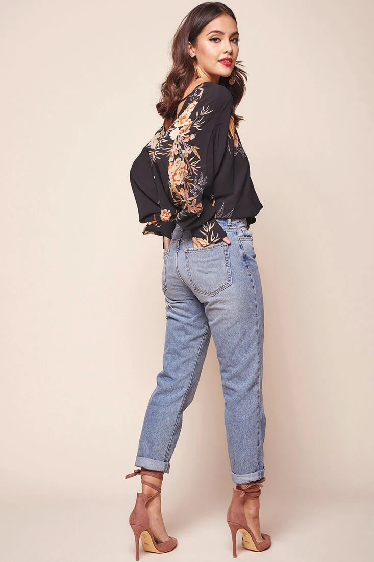 Alejandra Floral Print Bat Sleeve Top Black - Image 4