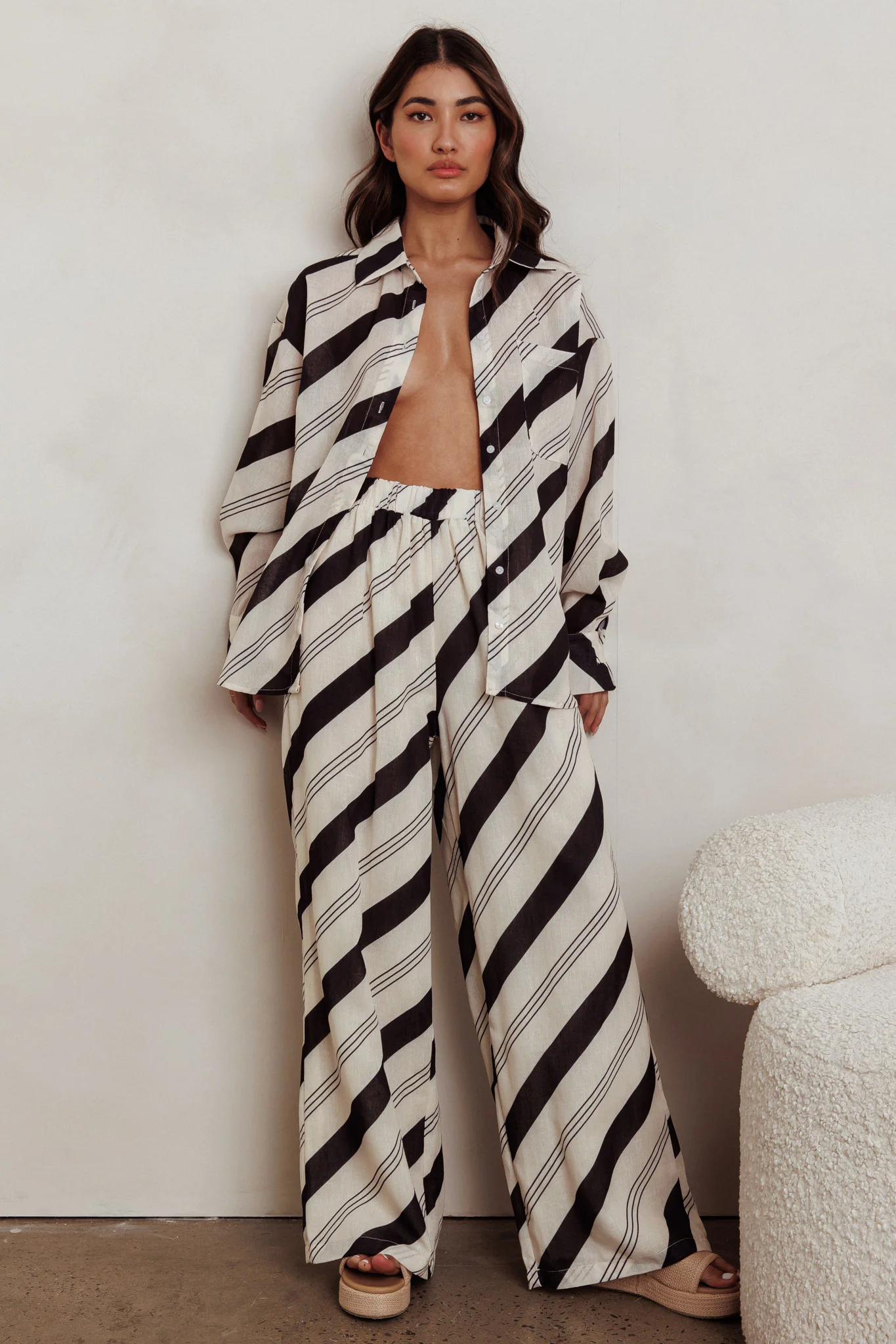 Alex Long Sleeve Striped Print Shirt Black/Cream - Image 2