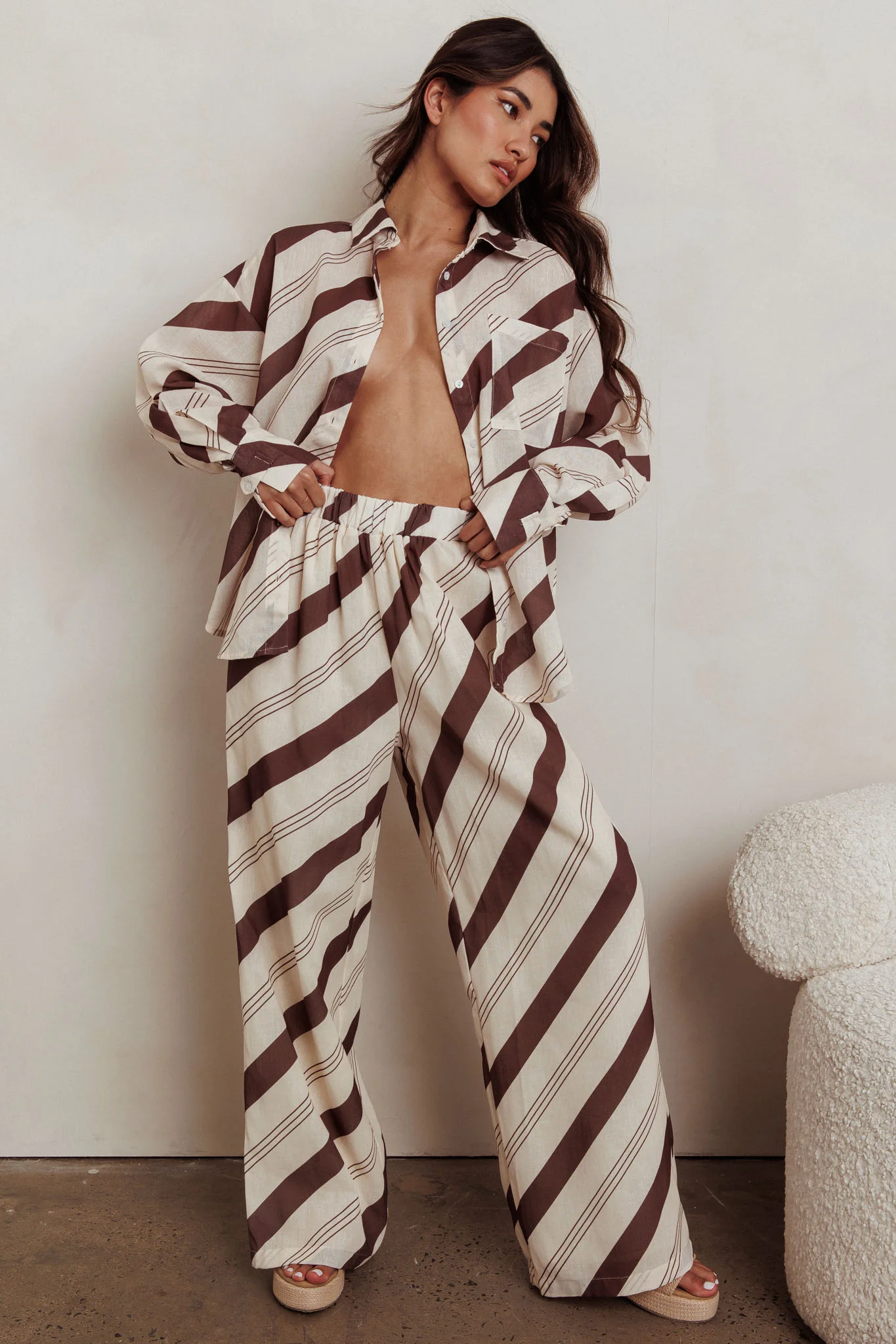 Alex Long Sleeve Striped Print Shirt Cream/Cacao - Image 4