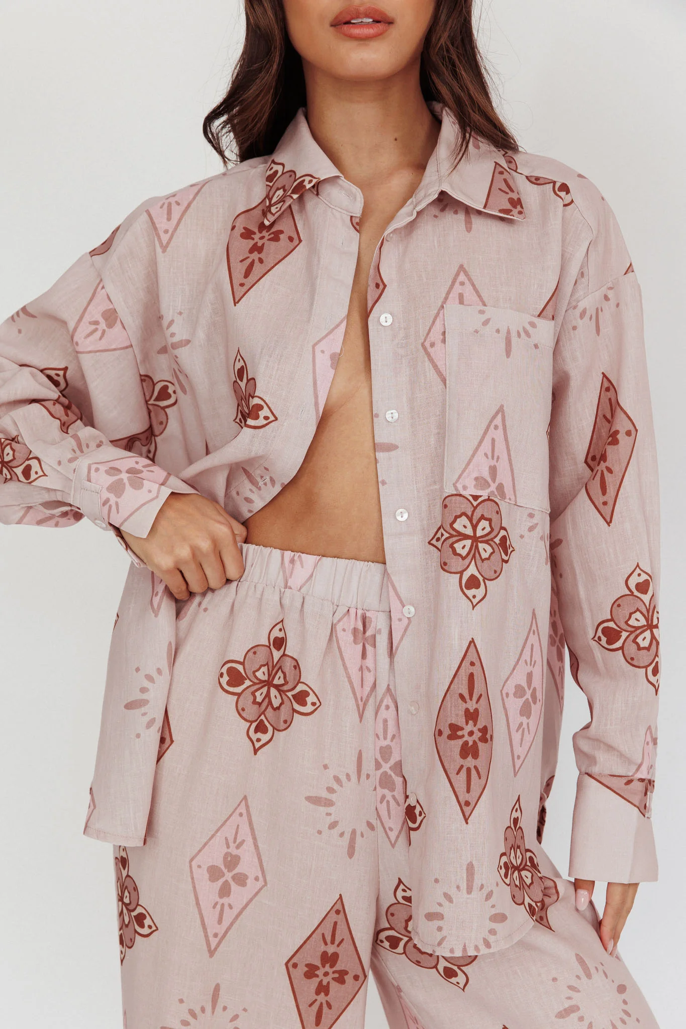 Alex Motif Collared Buttoned Shirt Mocha - Image 5