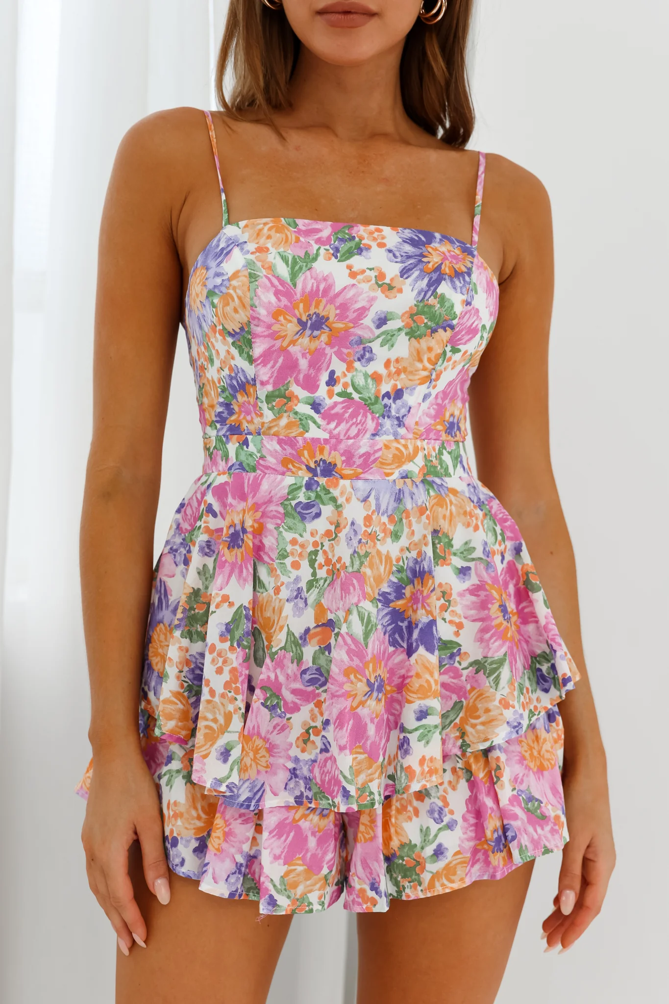Alexandria Square Neckline Tie Back Romper Flower Print White Multi - Image 4